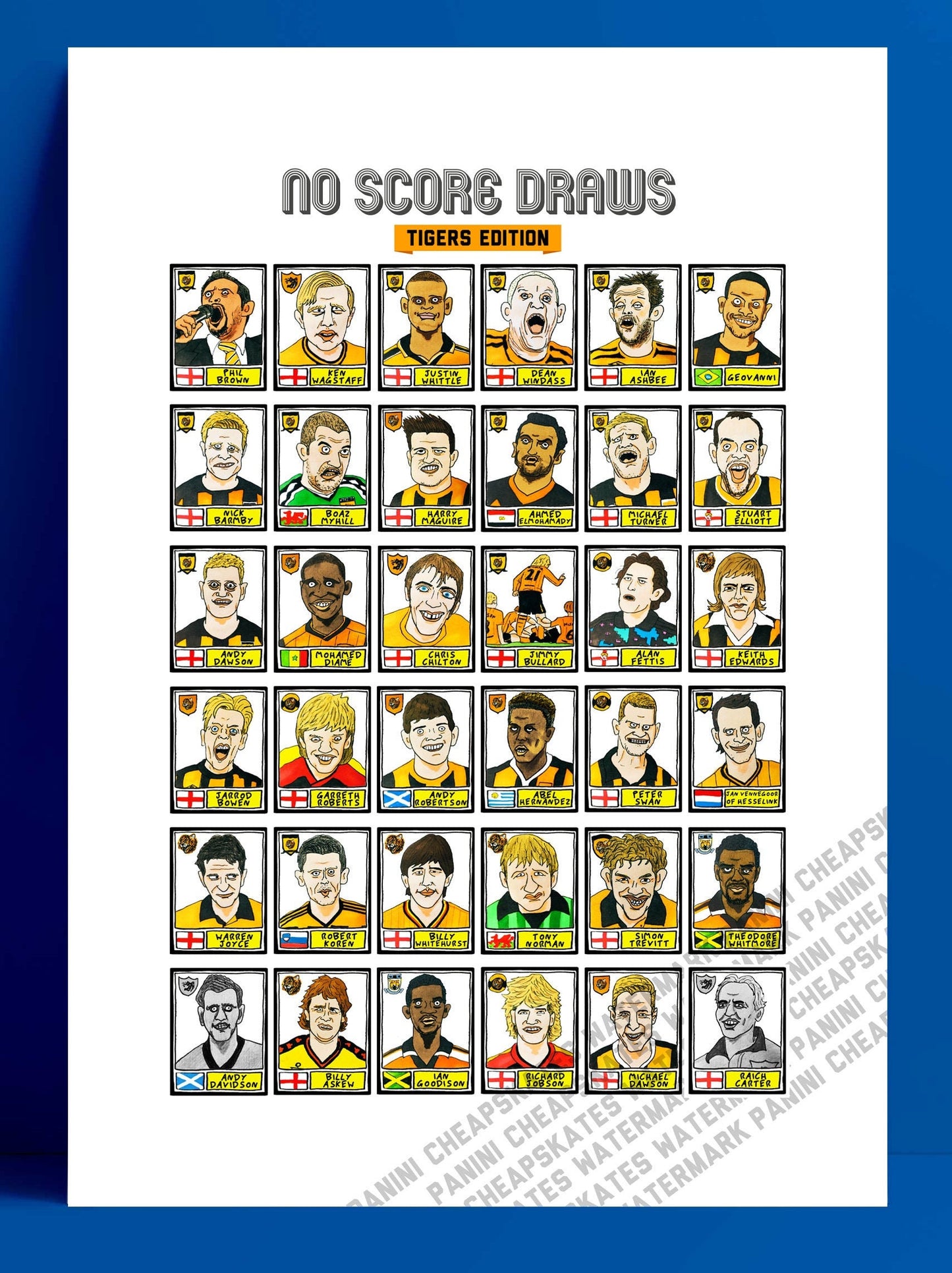 Hull City - No Score Draws Tigers Edition - A3 print of 36 hand-drawn Panini-style HCAFC footy sticker legends - Cheapskate football art