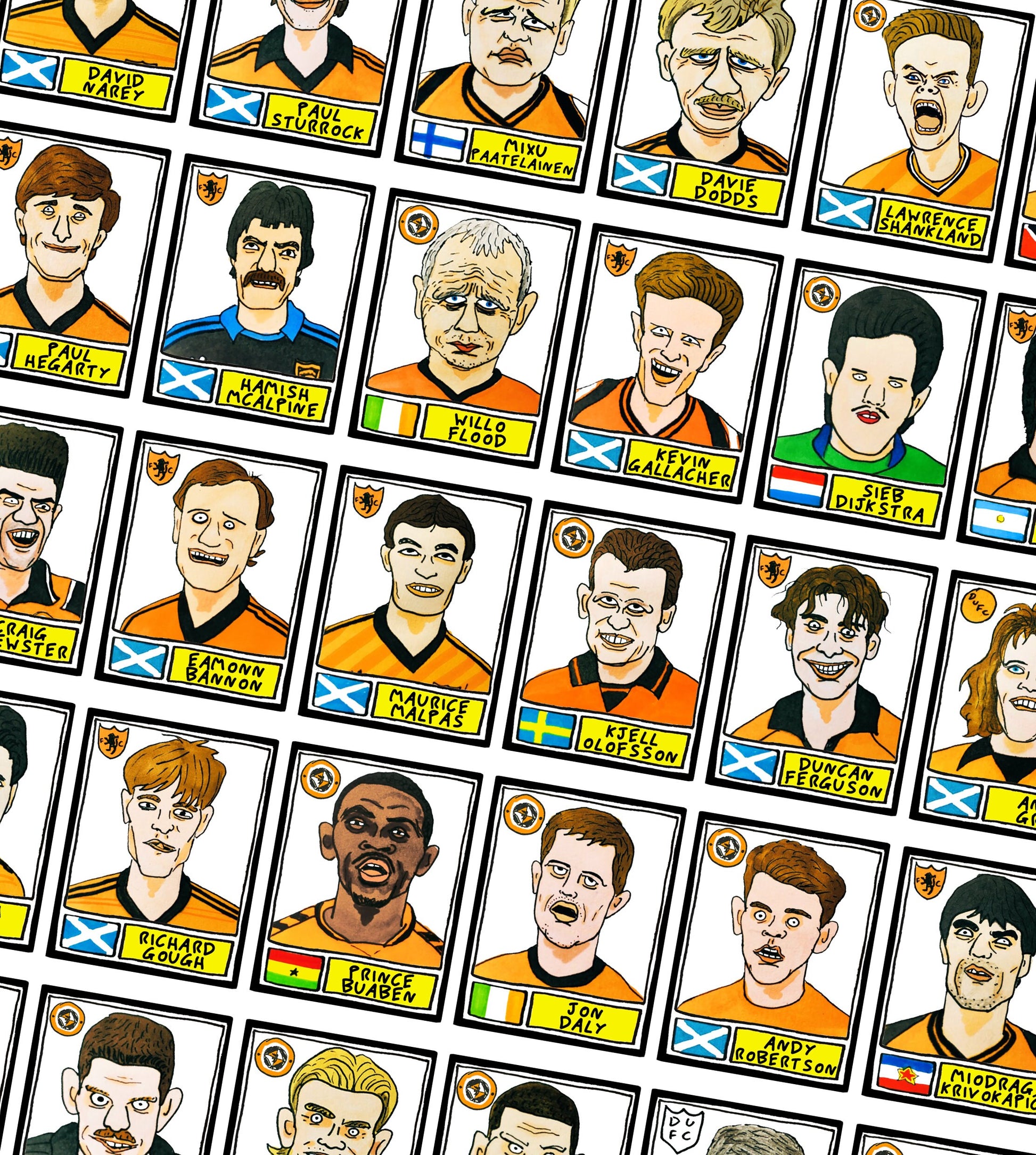 Dundee United - No Score Draws Terrors Edition - A3 print of 36 hand-drawn Panini-style football sticker legends - Cheapskate football art