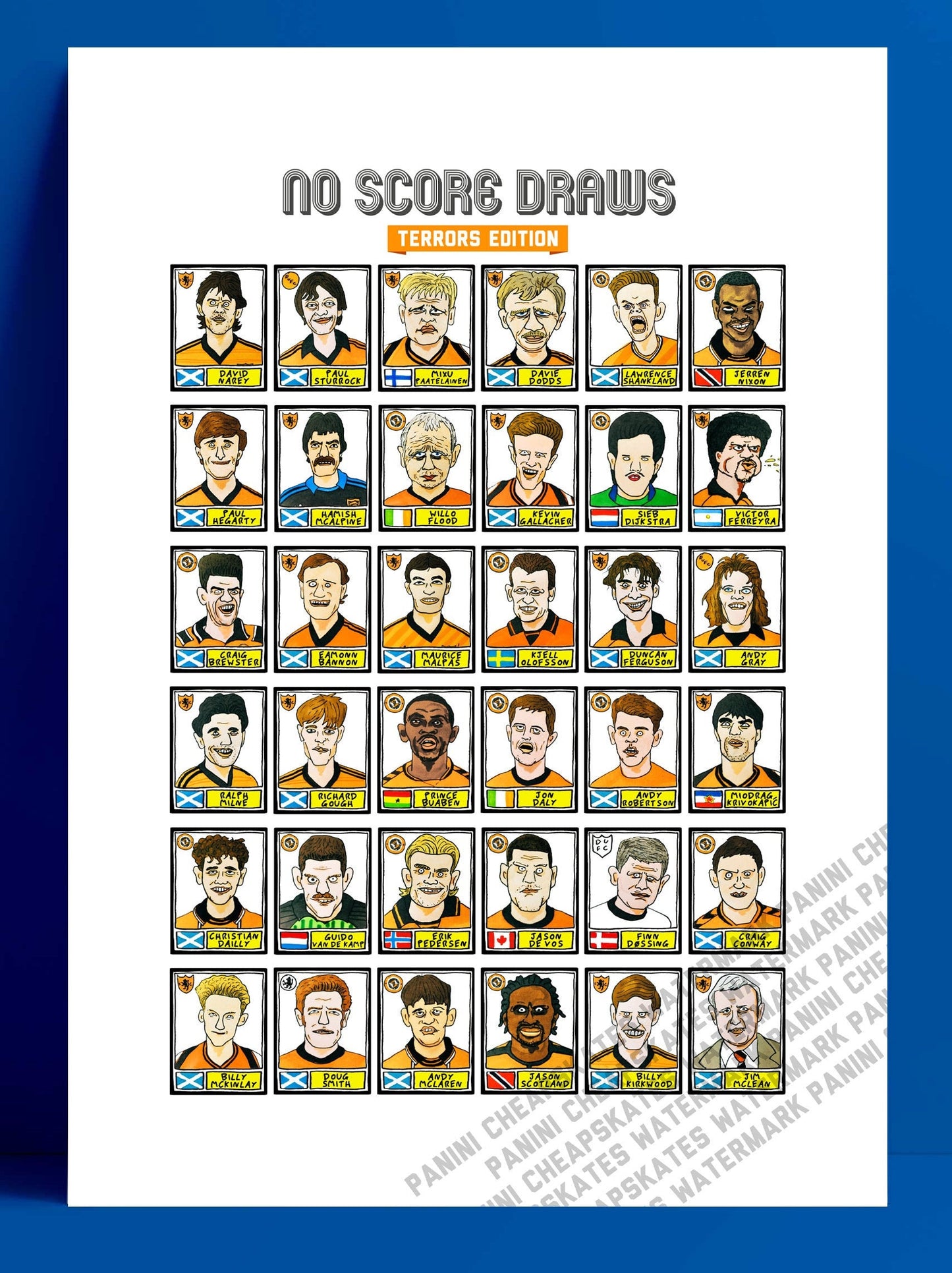 Dundee United - No Score Draws Terrors Edition - A3 print of 36 hand-drawn Panini-style football sticker legends - Cheapskate football art