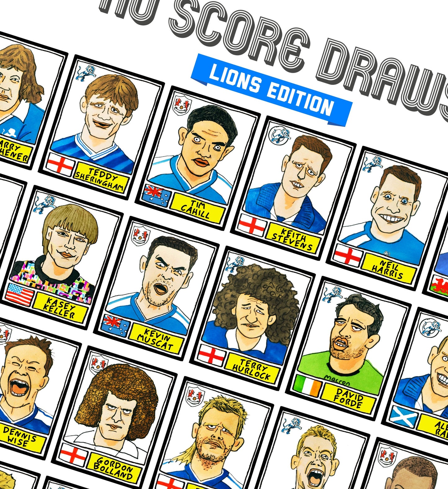 Millwall - No Score Draws Lions Edition - A3 print of 36 hand-drawn Panini-style Millwall FC football legends - Cheapskate football art