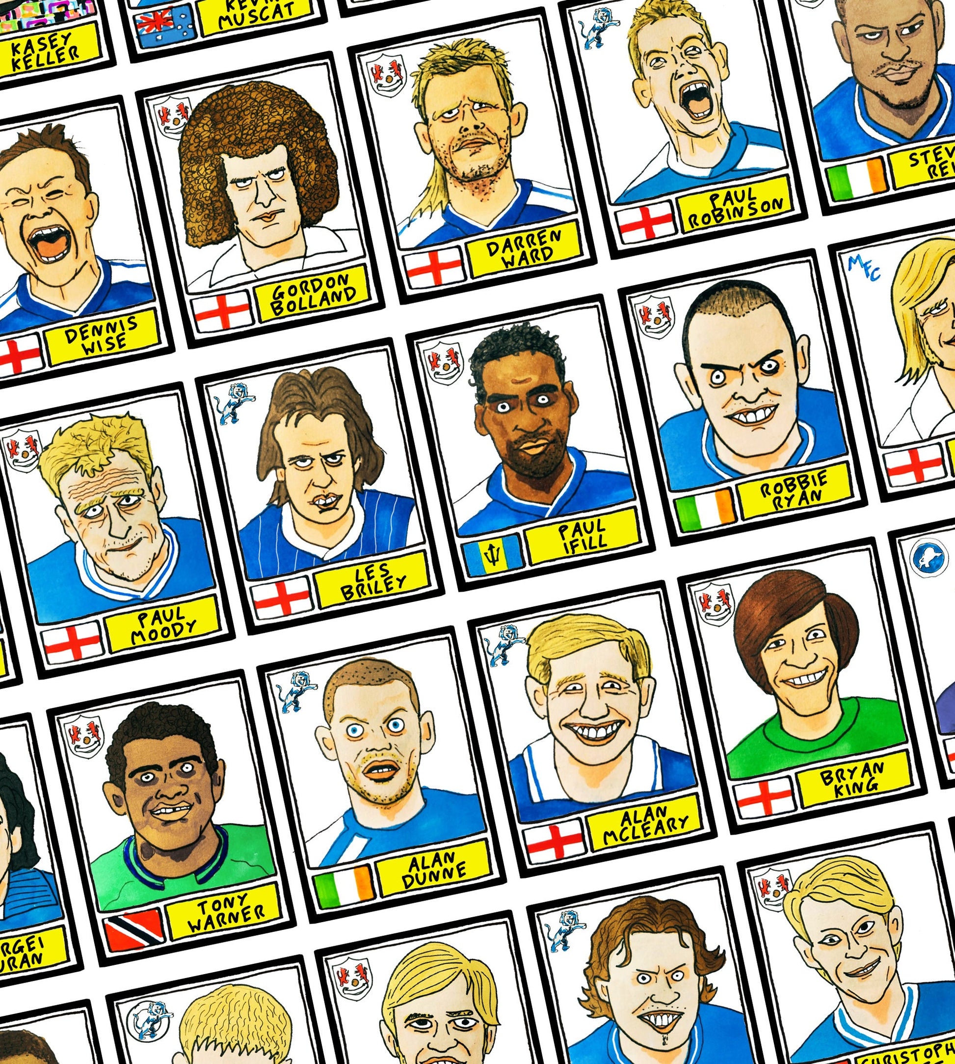 Millwall - No Score Draws Lions Edition - A3 print of 36 hand-drawn Panini-style Millwall FC football legends - Cheapskate football art