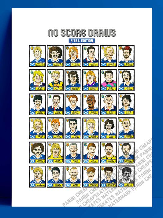 Scotland - No Score Draws Fitba Edition - A3 print of 36 hand-drawn Panini-style Scotland football icons - Cheapskate football art