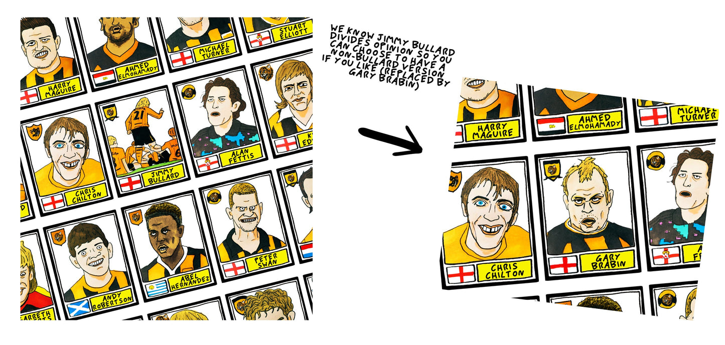 Hull City - No Score Draws Tigers Edition - A3 print of 36 hand-drawn Panini-style HCAFC footy sticker legends - Cheapskate football art