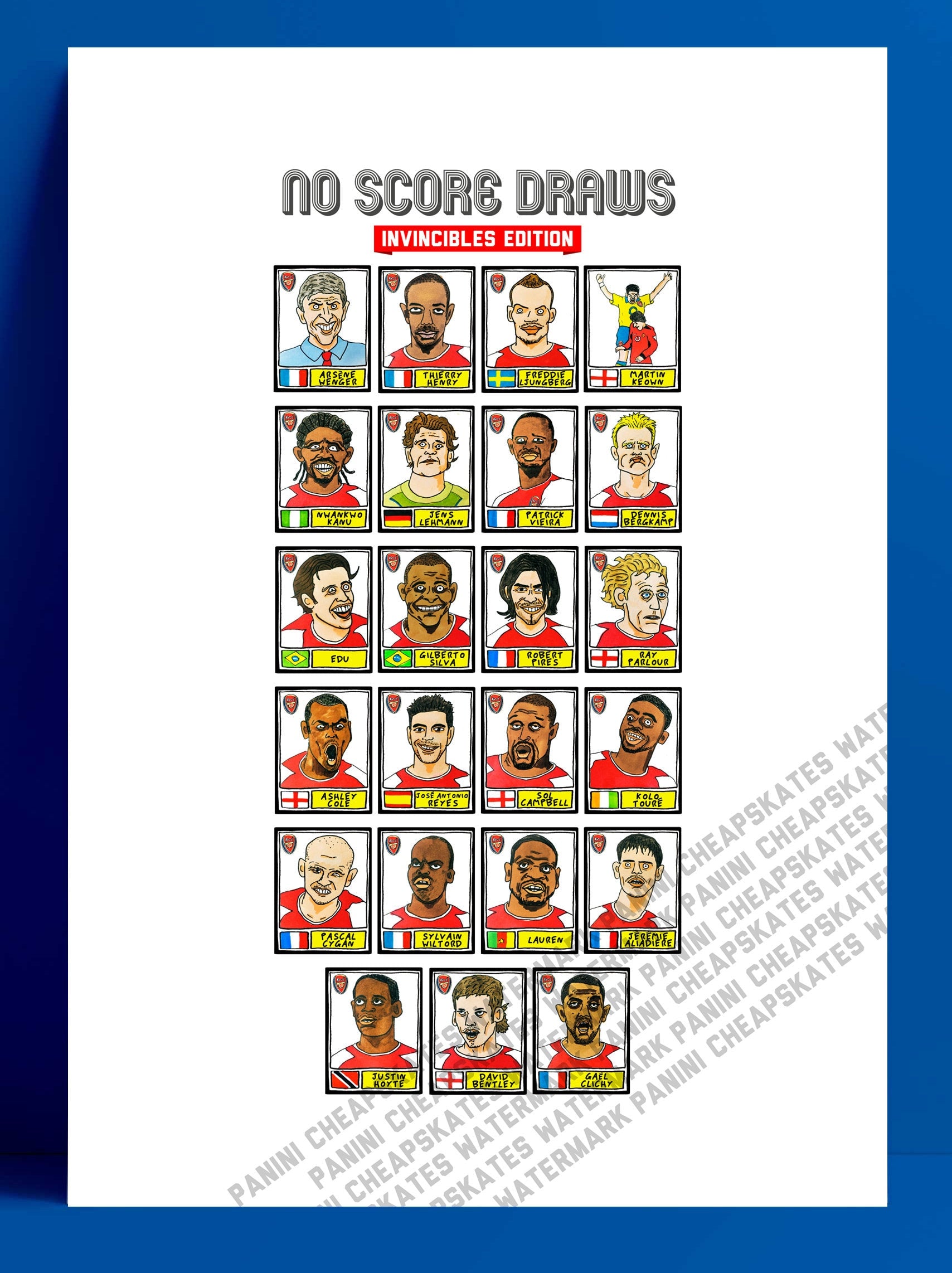 Arsenal Volume 2 - No Score Draws Invincibles Edition - A3 print of 23 hand-drawn Panini-style 03-04 AFC legends - Cheapskate football art