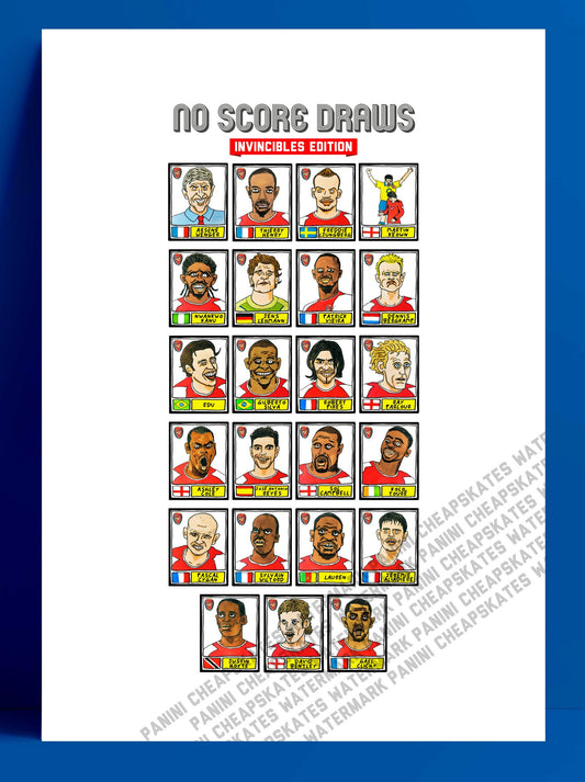 Arsenal Volume 2 - No Score Draws Invincibles Edition - A3 print of 23 hand-drawn Panini-style 03-04 AFC legends - Cheapskate football art