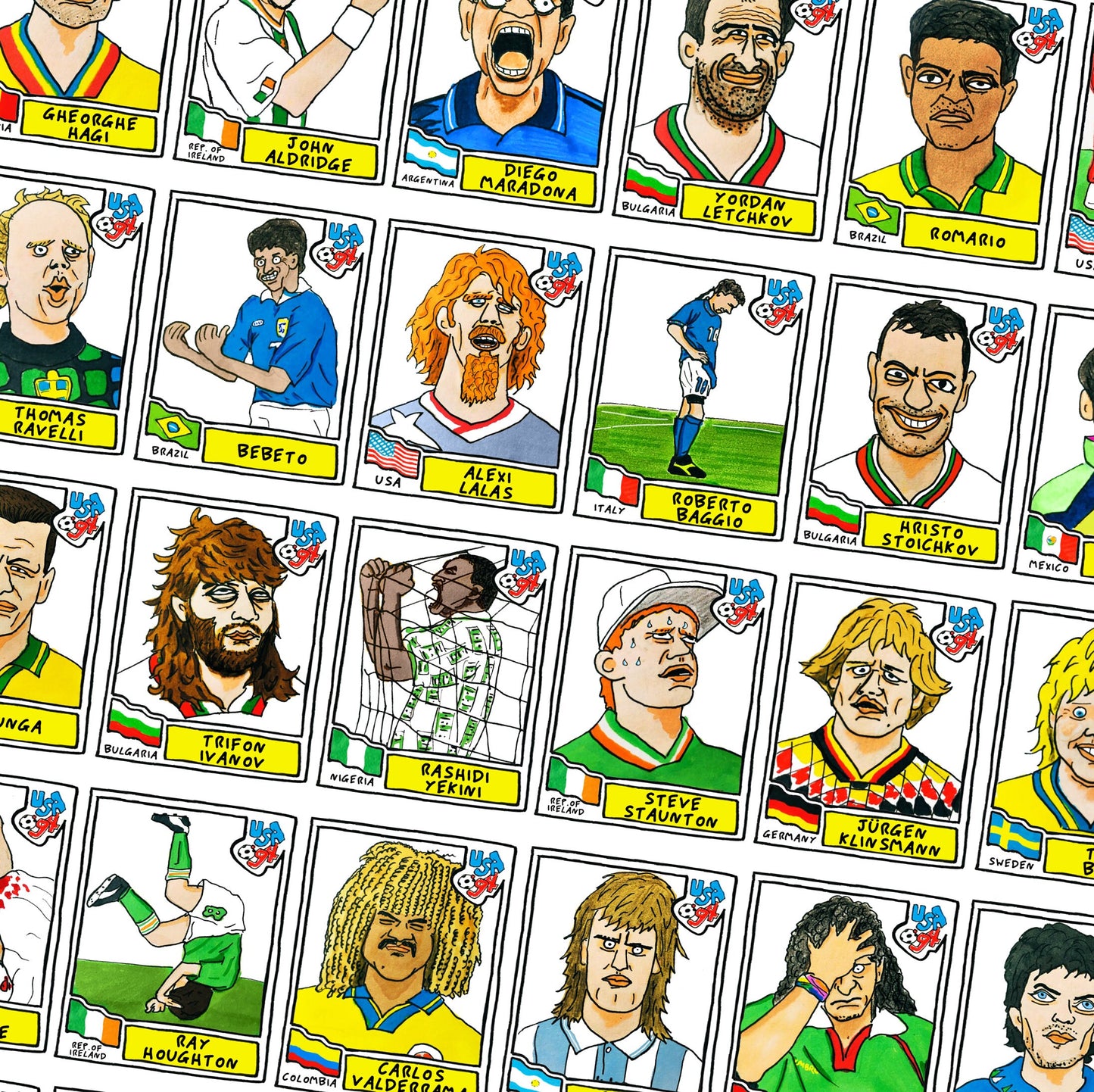 USA '94 - No Score Draws World Cup USA '94 Edition -A3 print of 36 hand-drawn Panini-style football sticker legends- Cheapskate football art