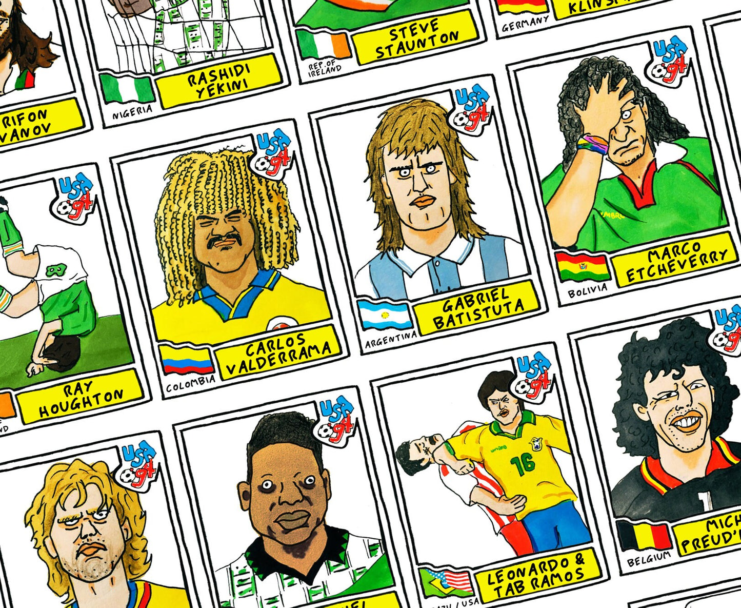 USA '94 - No Score Draws World Cup USA '94 Edition -A3 print of 36 hand-drawn Panini-style football sticker legends- Cheapskate football art