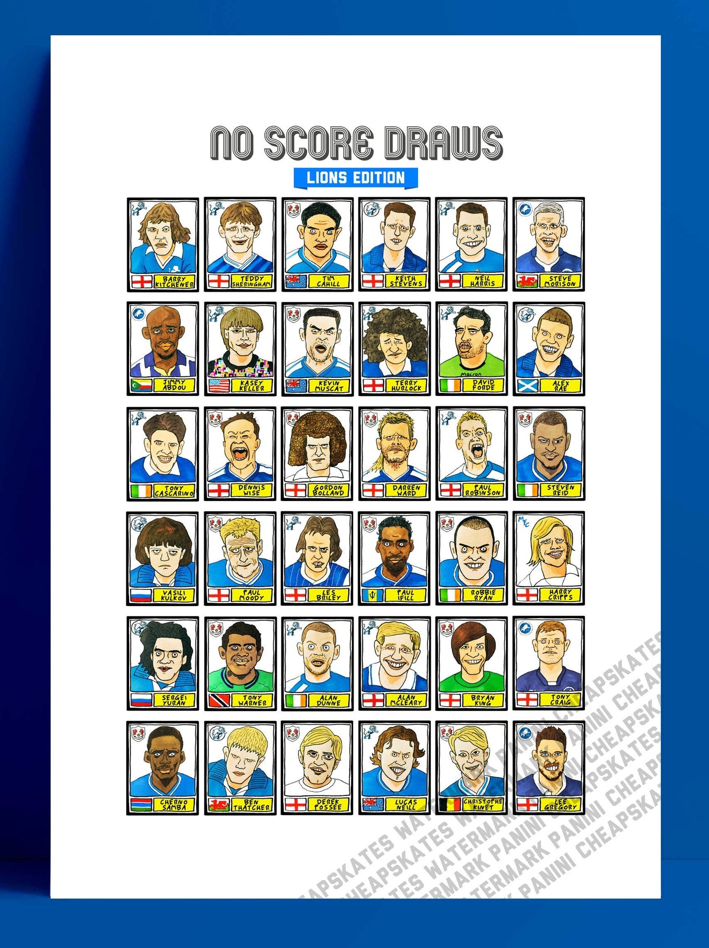 Millwall - No Score Draws Lions Edition - A3 print of 36 hand-drawn Panini-style Millwall FC football legends - Cheapskate football art