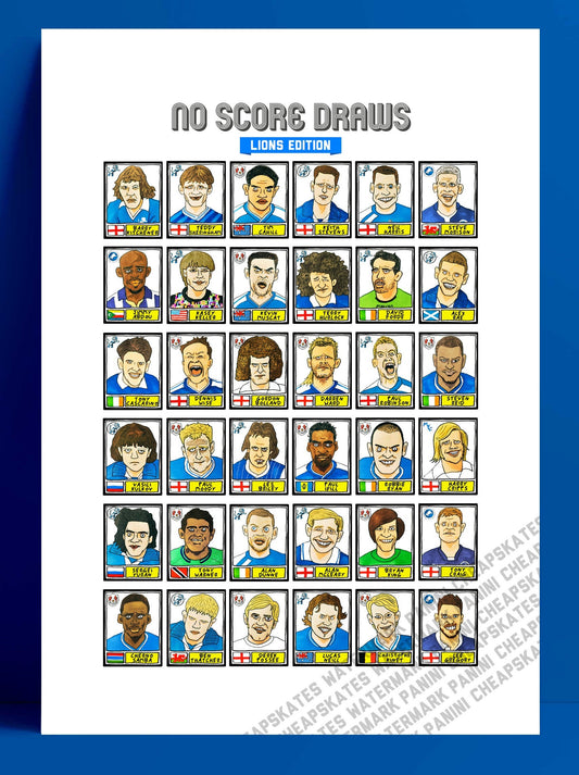 Millwall - No Score Draws Lions Edition - A3 print of 36 hand-drawn Panini-style Millwall FC football legends - Cheapskate football art