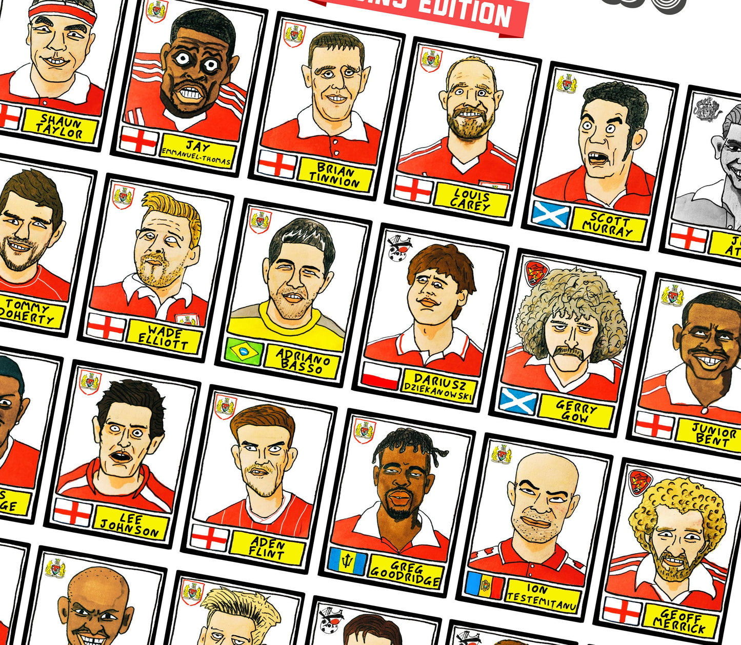 Bristol City - No Score Draws Robins Edition - A3 print of 36 hand-drawn Panini-sticker-style BCFC icons - Cheapskate football art