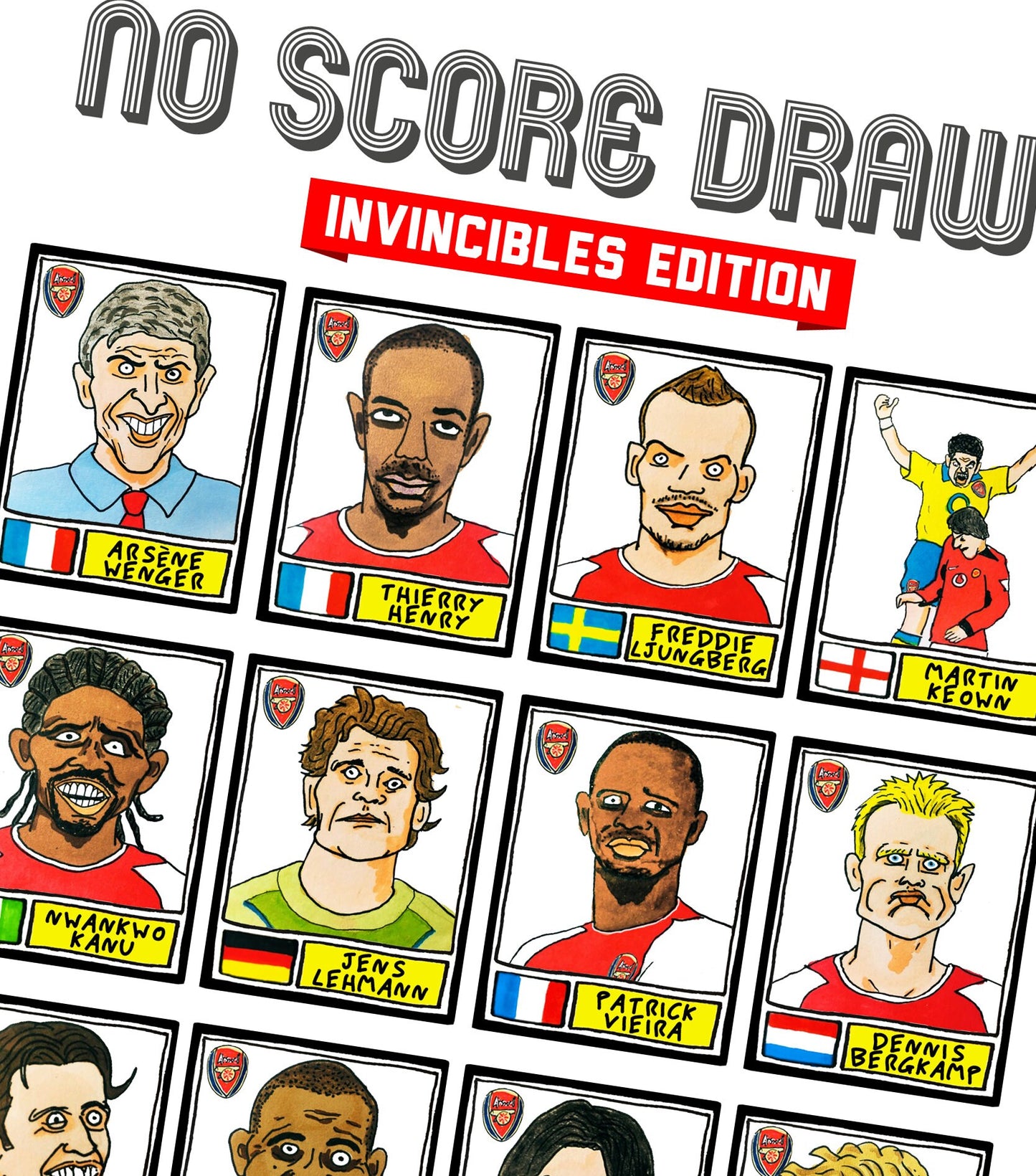 Arsenal Volume 2 - No Score Draws Invincibles Edition - A3 print of 23 hand-drawn Panini-style 03-04 AFC legends - Cheapskate football art