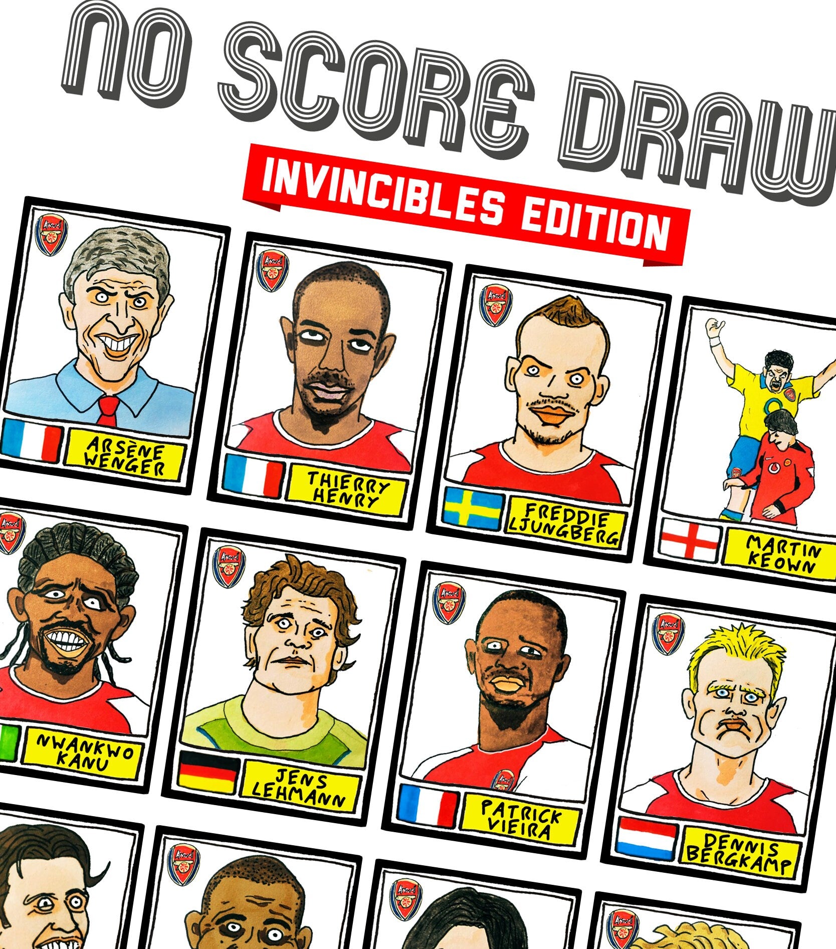 Arsenal Volume 2 - No Score Draws Invincibles Edition - A3 print of 23 hand-drawn Panini-style 03-04 AFC legends - Cheapskate football art