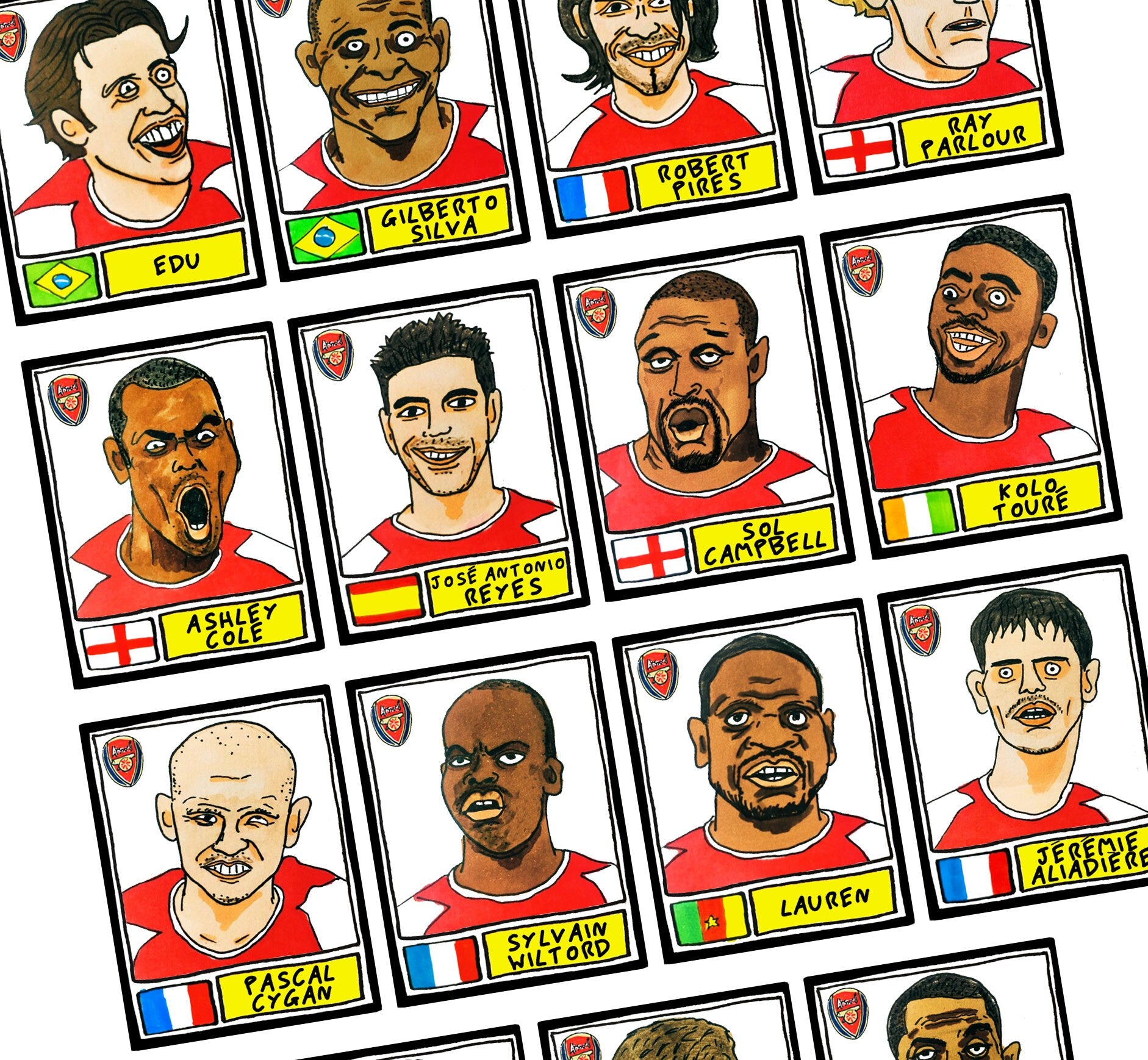 Arsenal Volume 2 - No Score Draws Invincibles Edition - A3 print of 23 hand-drawn Panini-style 03-04 AFC legends - Cheapskate football art