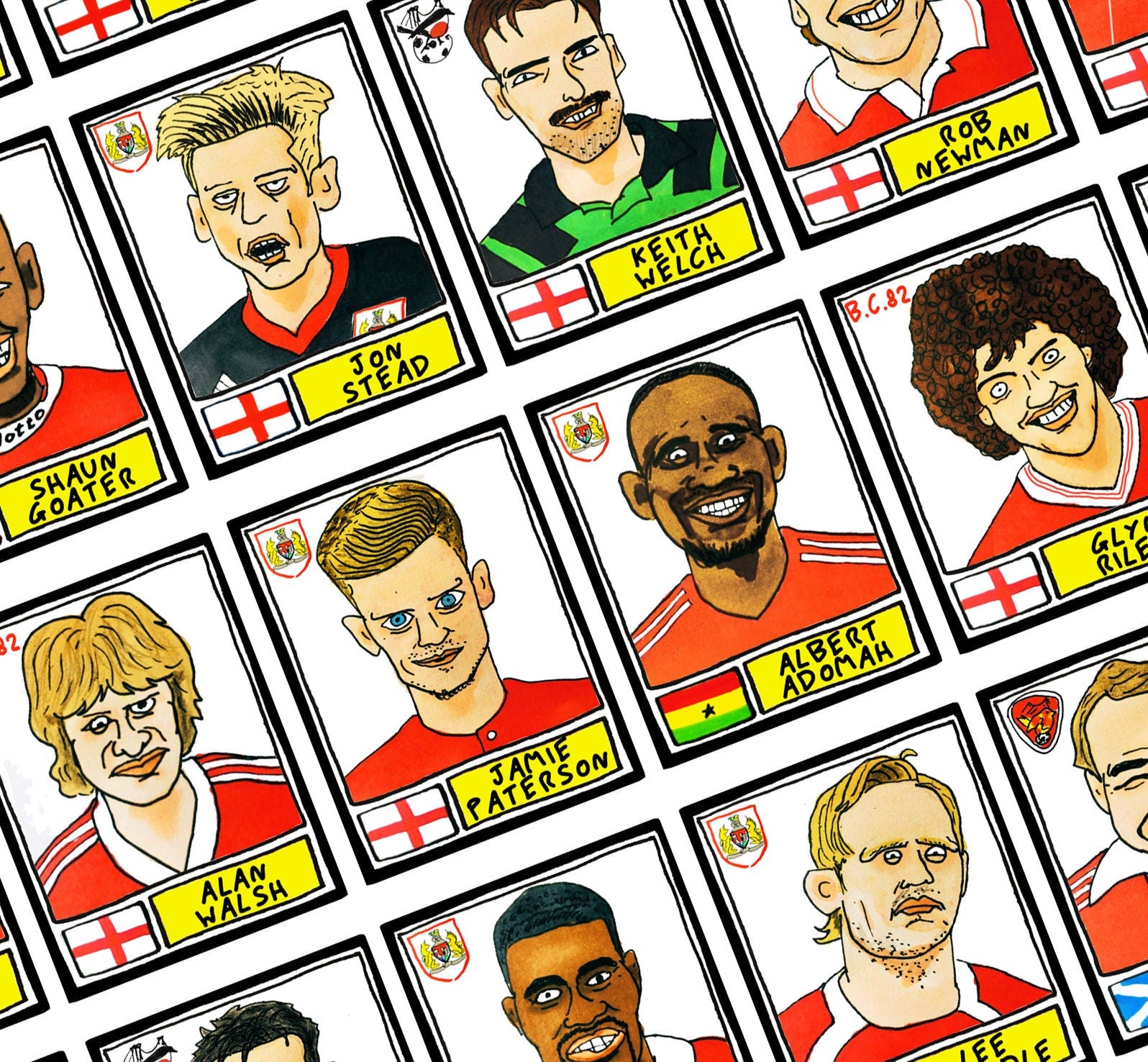 Bristol City - No Score Draws Robins Edition - A3 print of 36 hand-drawn Panini-sticker-style BCFC icons - Cheapskate football art