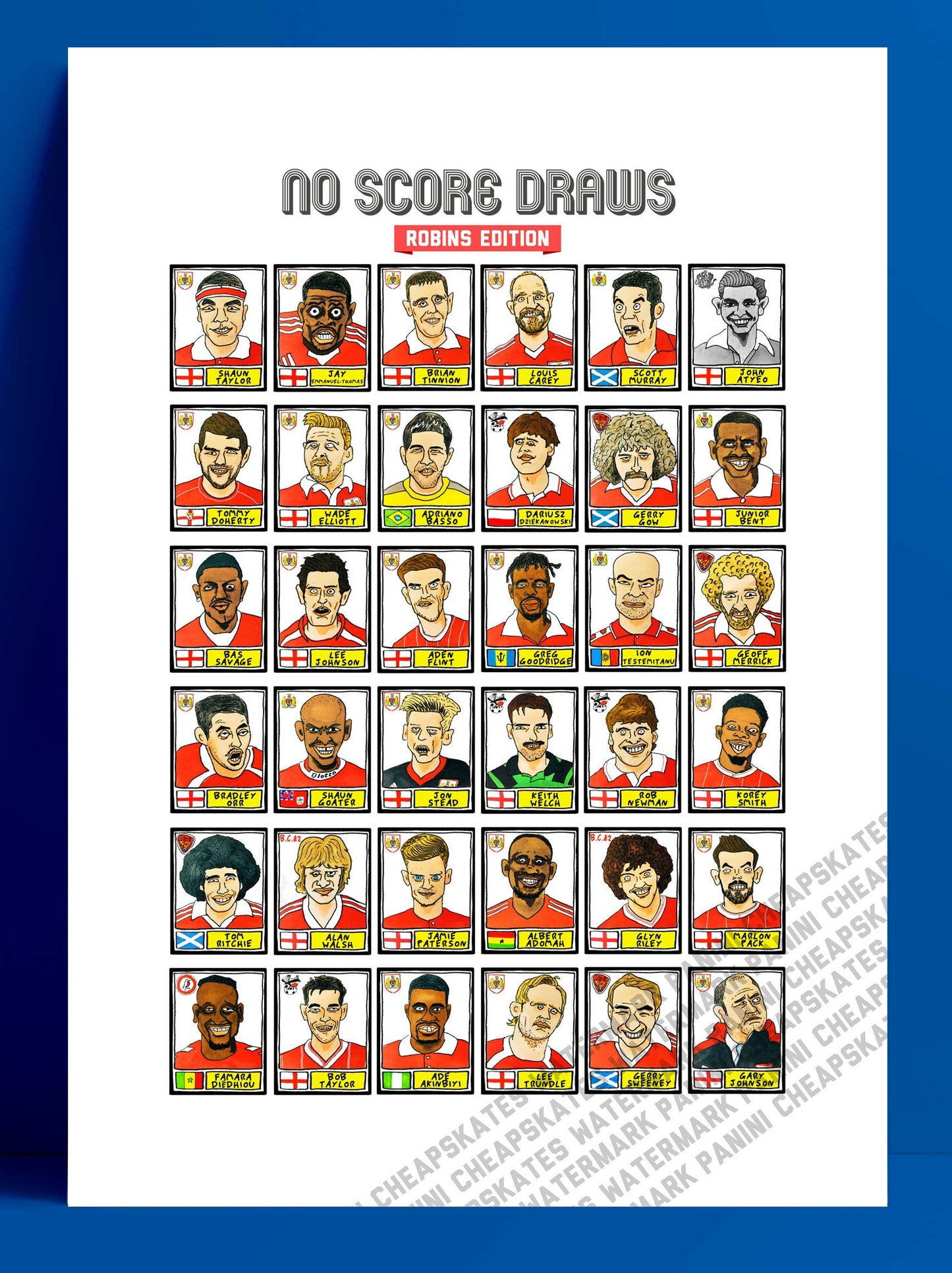 Bristol City - No Score Draws Robins Edition - A3 print of 36 hand-drawn Panini-sticker-style BCFC icons - Cheapskate football art