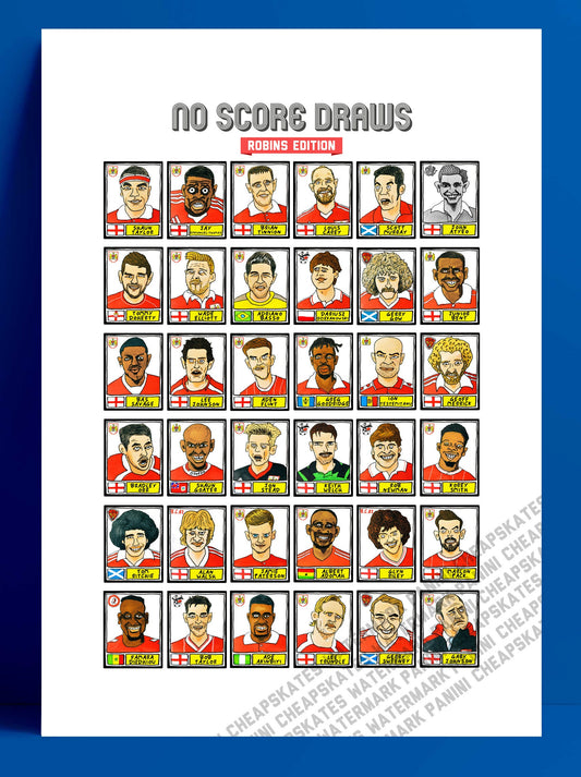 Bristol City - No Score Draws Robins Edition - A3 print of 36 hand-drawn Panini-sticker-style BCFC icons - Cheapskate football art