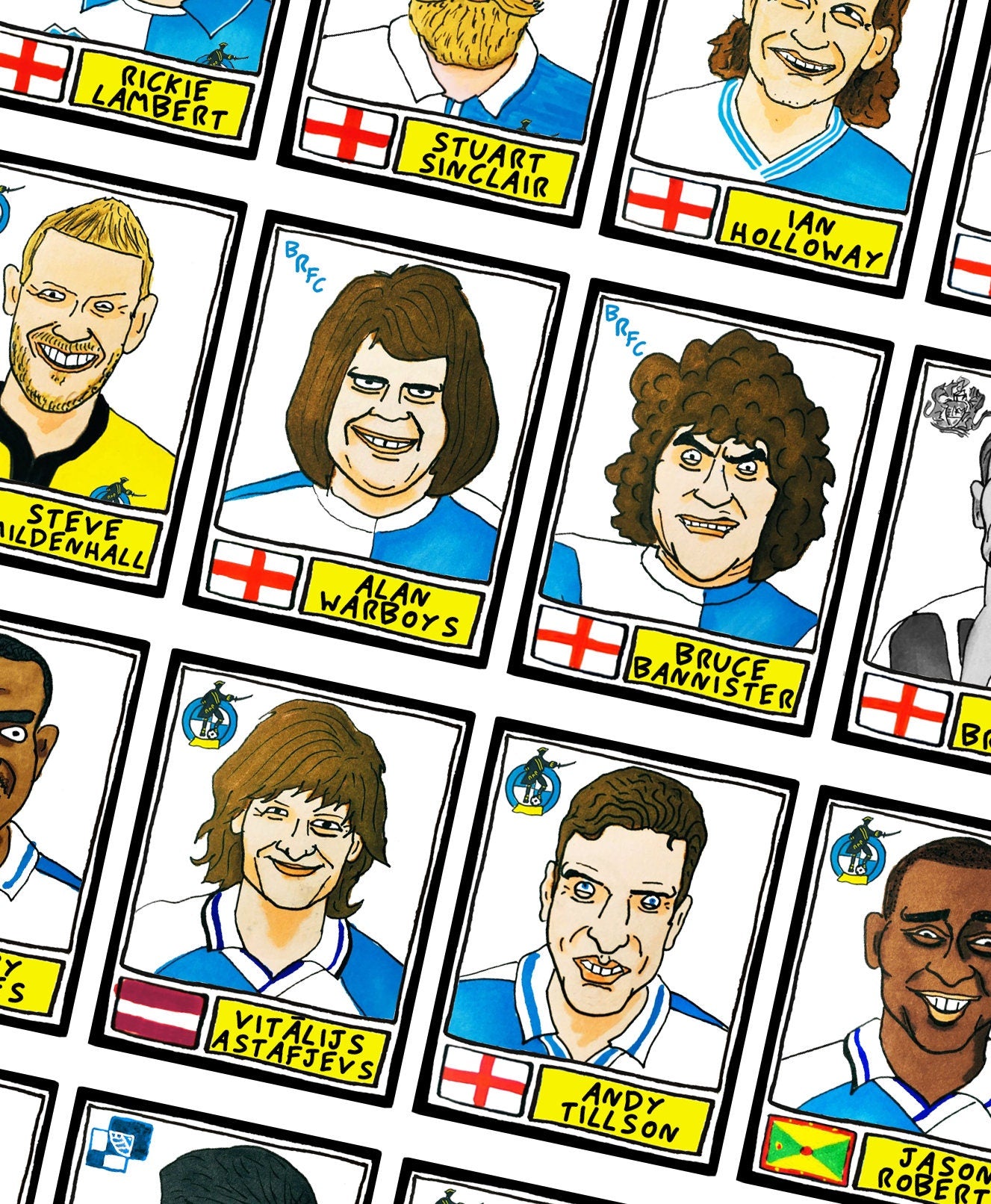 Bristol Rovers - No Score Draws Gas Edition - A3 print of 36 hand-drawn Panini-sticker-style BRFC icons - Cheapskate football art
