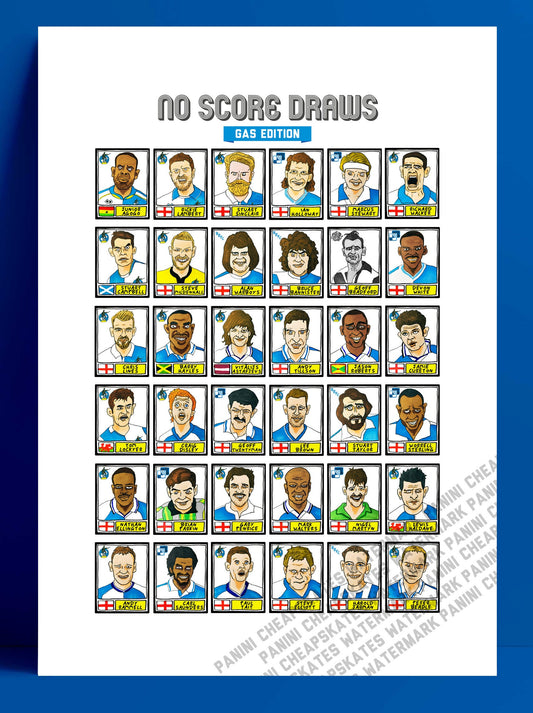 Bristol Rovers - No Score Draws Gas Edition - A3 print of 36 hand-drawn Panini-sticker-style BRFC icons - Cheapskate football art