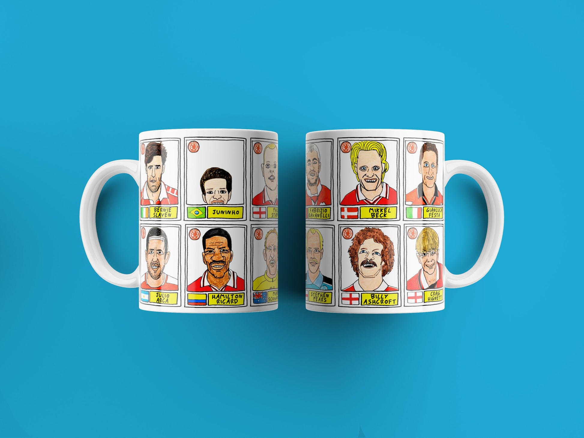 Middlesbrough No Score Draws Mug Set - Set of TWO 11oz Ceramic Mugs with Wonky Panini sticker-style No Score Draws Doodles of 24 Boro Icons