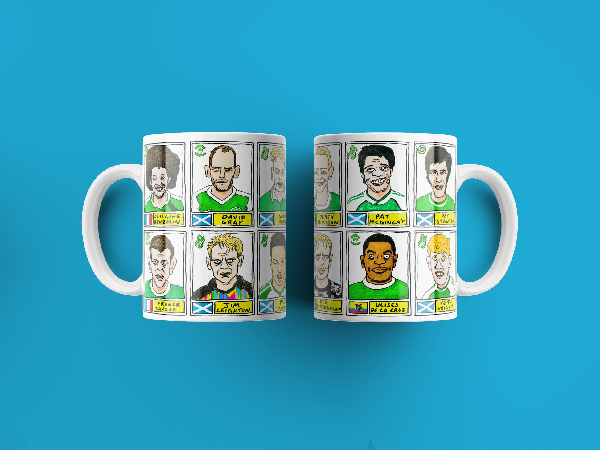 Hibs No Score Draws Mug Set - Set of TWO 11oz Ceramic Mugs with Wonky Panini sticker-style No Score Draws Doodles of 24 Hibernian icons