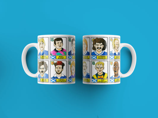 Scotland No Score Draws Mug Set - Set of TWO 11oz Ceramic Mugs with Wonky Panini-style No Score Draws Doodles of 24 Scottish Fitba icons