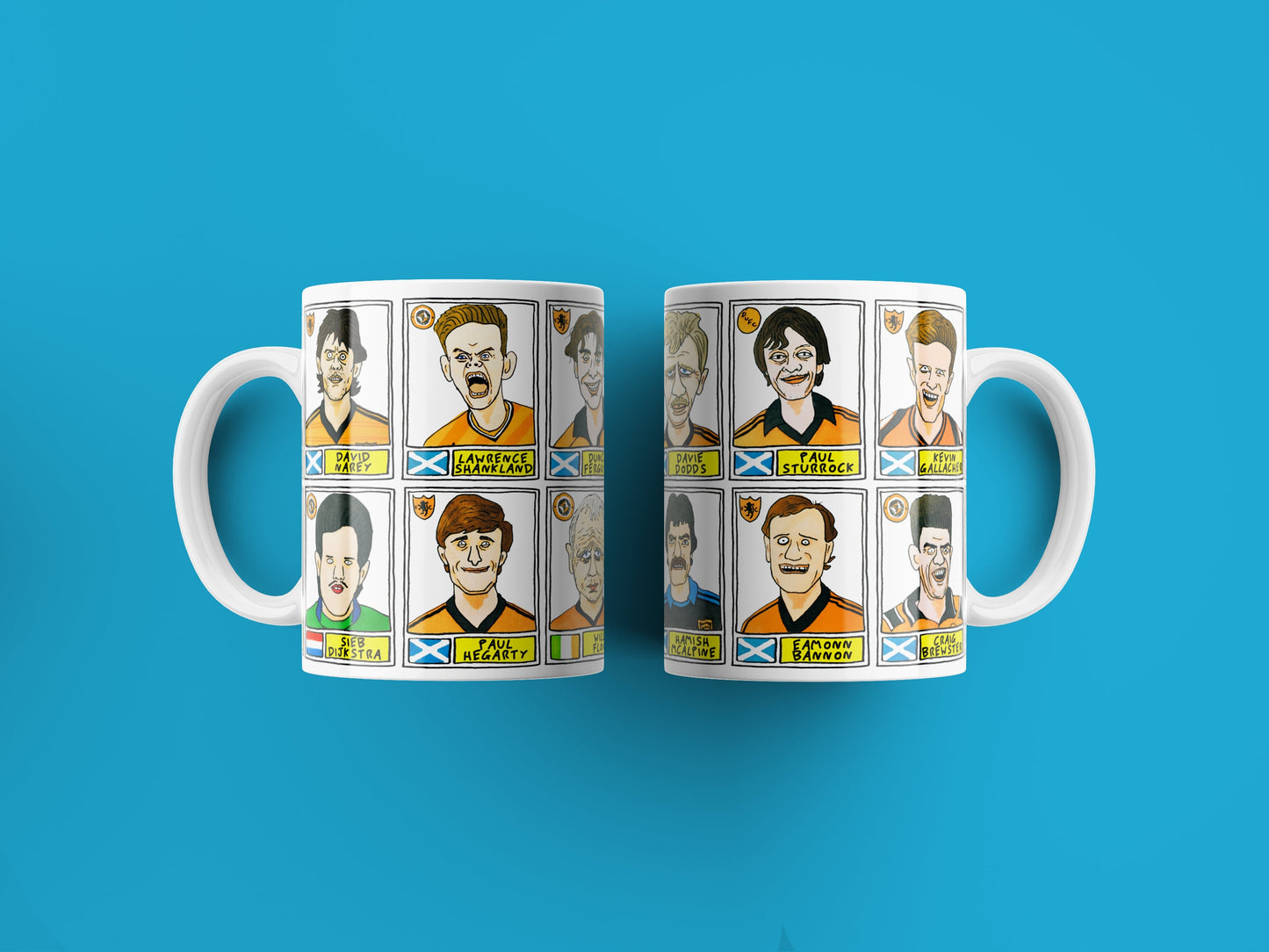 Dundee United No Score Draws Mug Set - Set of TWO 11oz Ceramic Mugs with Wonky Panini sticker-style DUFC Terrors No Score Draws Doodles