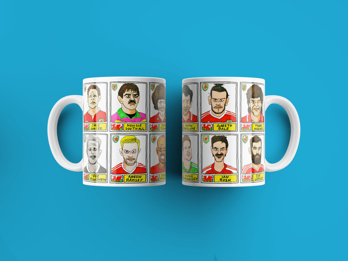 Wales No Score Draws Mug Set - Set of TWO 11oz Ceramic Mugs with Wonky Panini sticker-style No Score Draws Doodles of 24 Cymru icons