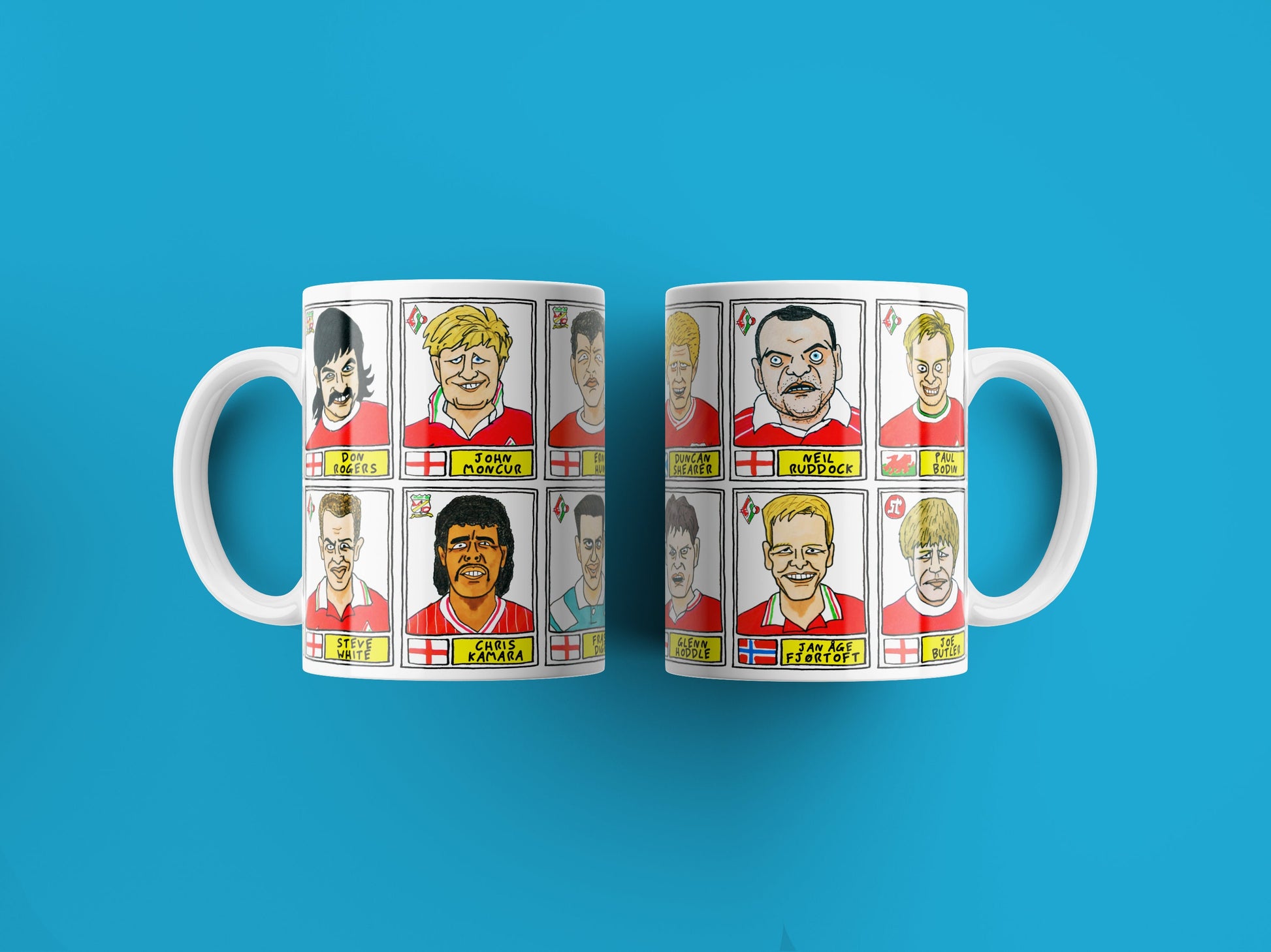 Swindon Town No Score Draws Mug Set - Set of TWO 11oz Ceramic Mugs with Wonky Panini sticker-style No Score Draws Doodles of 24 STFC icons