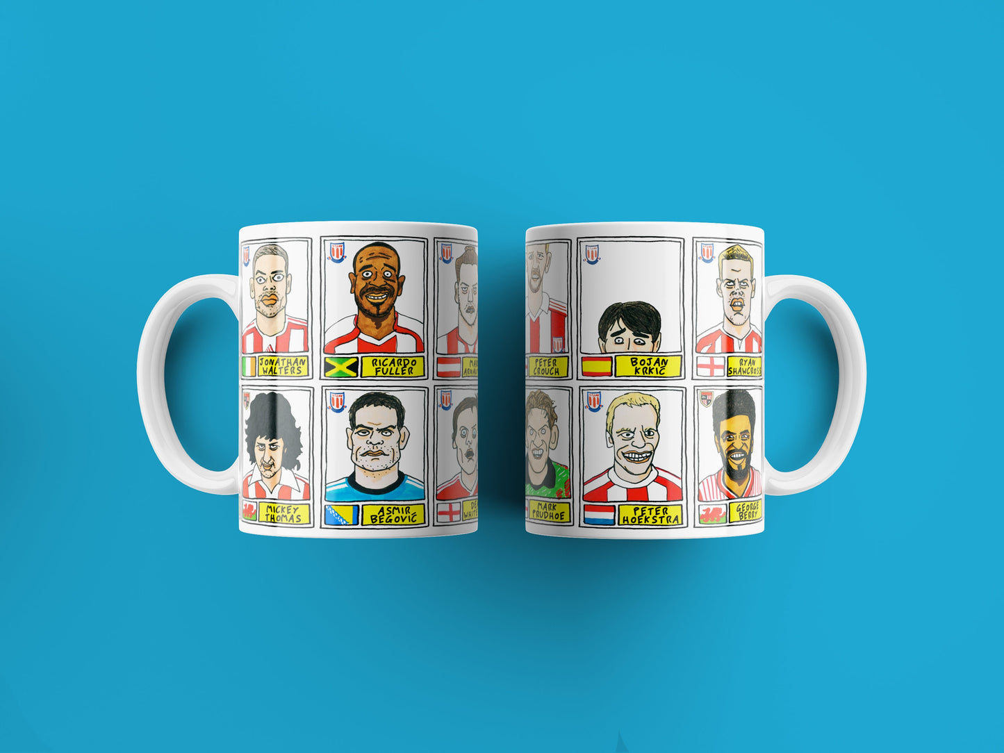 Stoke City No Score Draws Mug Set - Set of TWO 11oz Ceramic Mugs with Wonky Panini sticker-style No Score Draws Doodles of 24 Potters icons