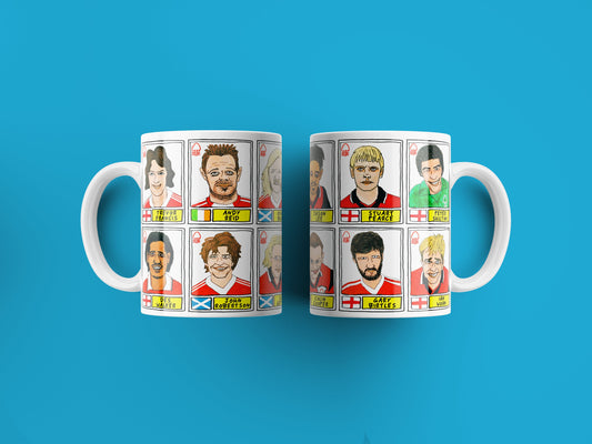 Nottingham Forest - Set of TWO 11oz Ceramic Mugs with Wonky Panini sticker-style No Score Draws Doodles of 24 NFFC icons