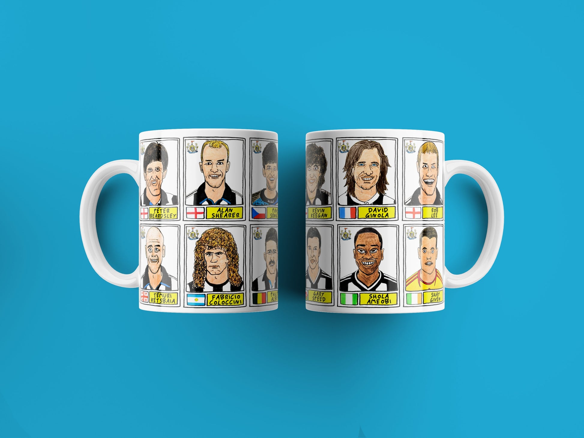 Newcastle United No Score Draws Mug Set - Set of TWO 11oz Ceramic Mugs with Wonky Panini sticker-style No Score Draws Doodles of NUFC icons