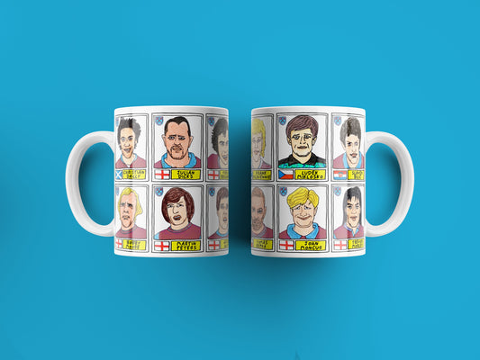 West Ham No Score Draws Mug Set - Set of TWO 11oz Ceramic Mugs with Wonky Panini sticker-style No Score Draws Doodles of 24 Hammers icons