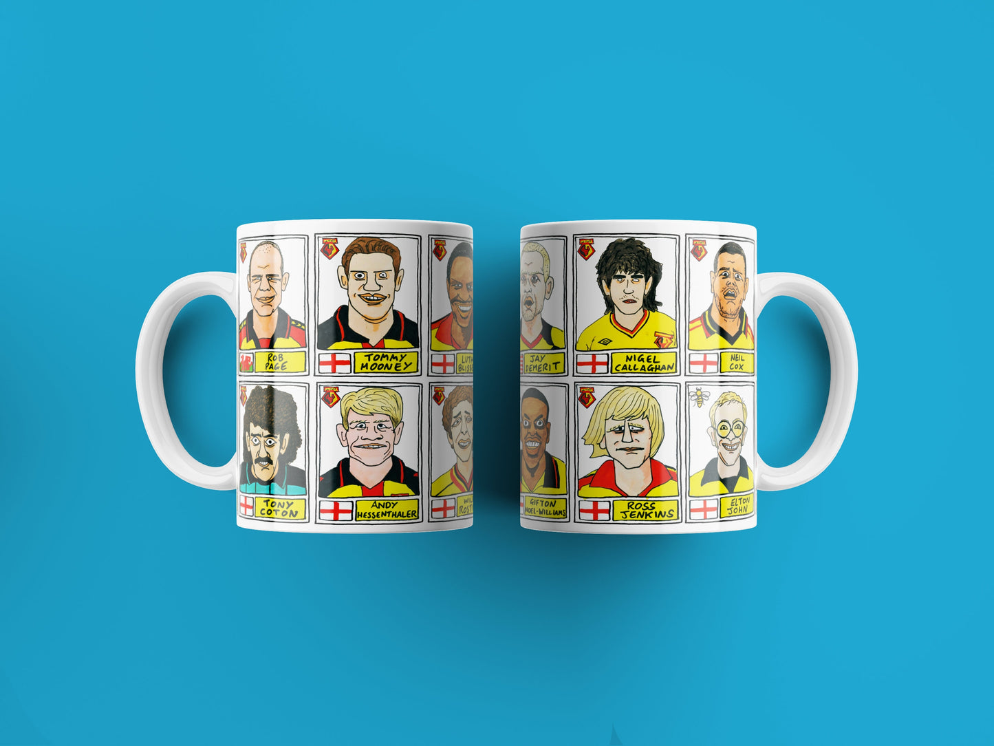 Watford No Score Draws Mug Set - Set of TWO 11oz Ceramic Mugs with Wonky Panini sticker-style Hornets WFC No Score Draws Doodles