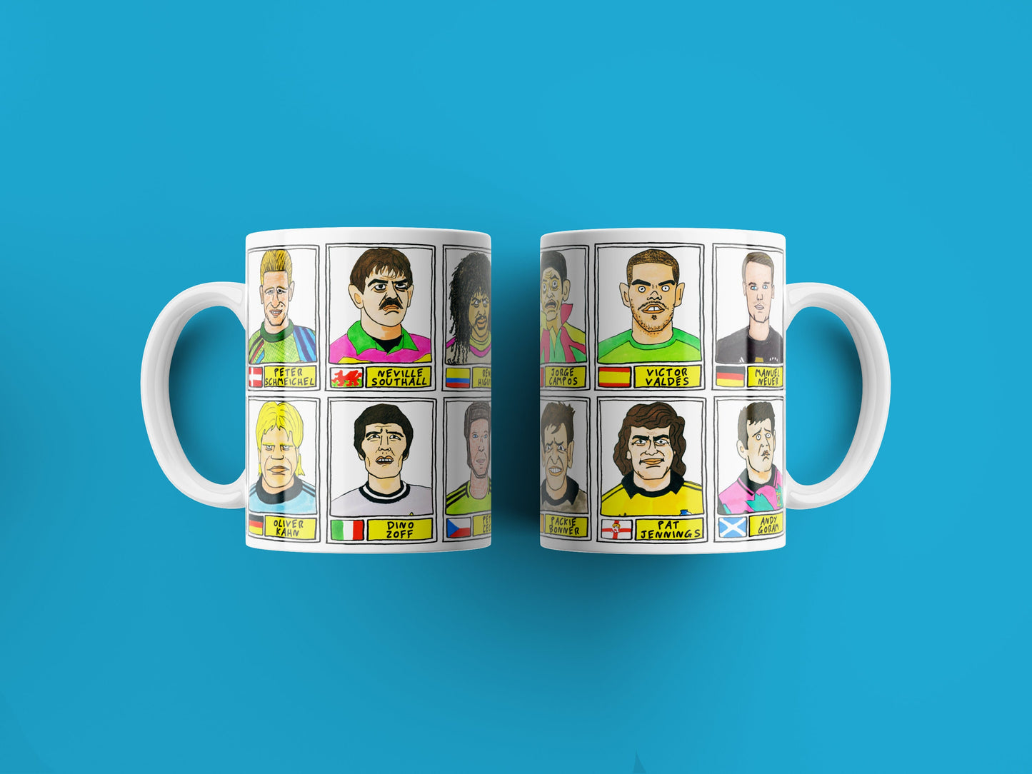 Goalkeeping Icons No Score Draws Mug Set - Set of TWO 11oz Ceramic Mugs with Wonky Panini sticker-style No Score Draws Doodles of GK icons