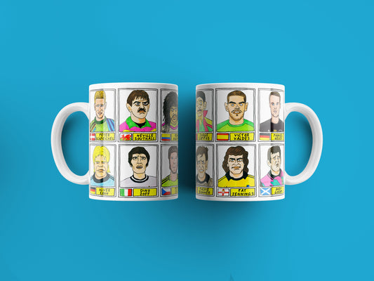Goalkeeping Icons No Score Draws Mug Set - Set of TWO 11oz Ceramic Mugs with Wonky Panini sticker-style No Score Draws Doodles of GK icons