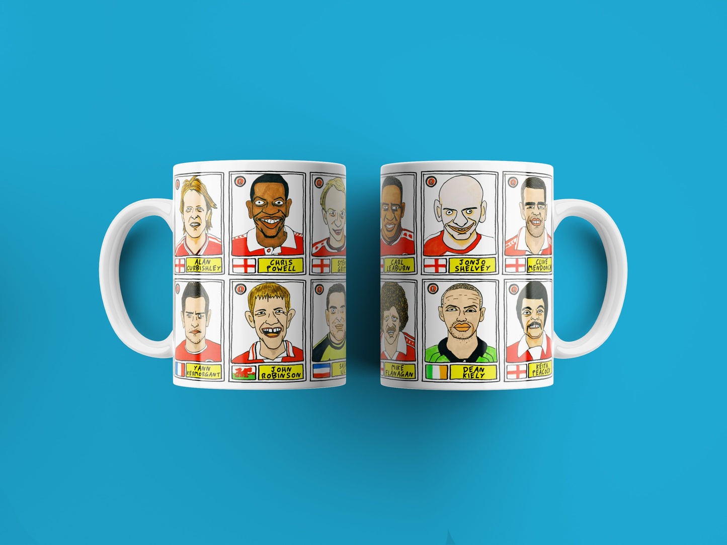 Charlton Athletic No Score Draws Mug Set - Set of TWO 11oz Ceramic Mugs with Wonky Panini sticker-style No Score Draws Doodles of CAFC icons