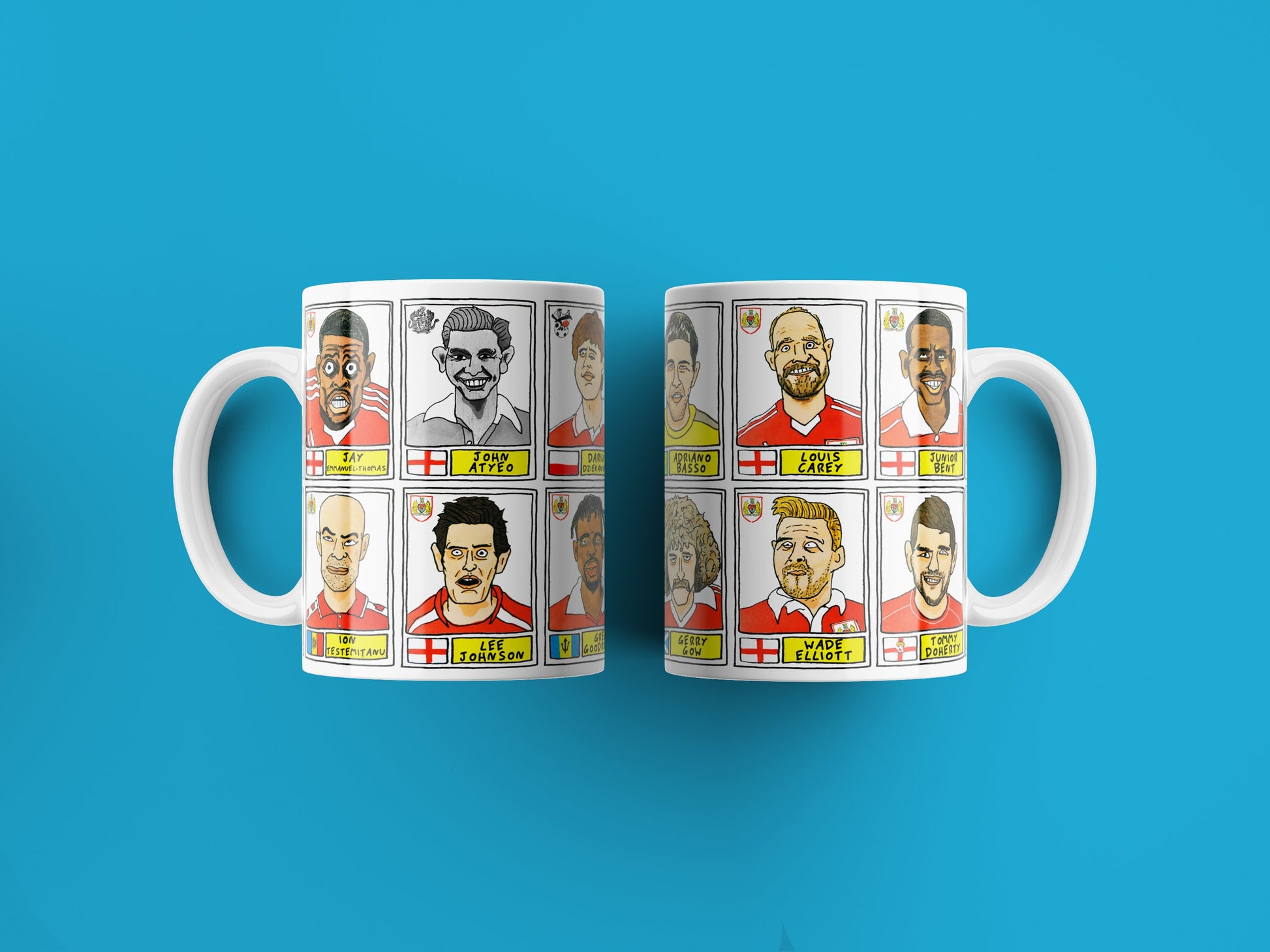 Bristol City No Score Draws Mug Set - Set of TWO 11oz Ceramic Mugs with Wonky Panini sticker-style No Score Draws Doodles of BCFC icons