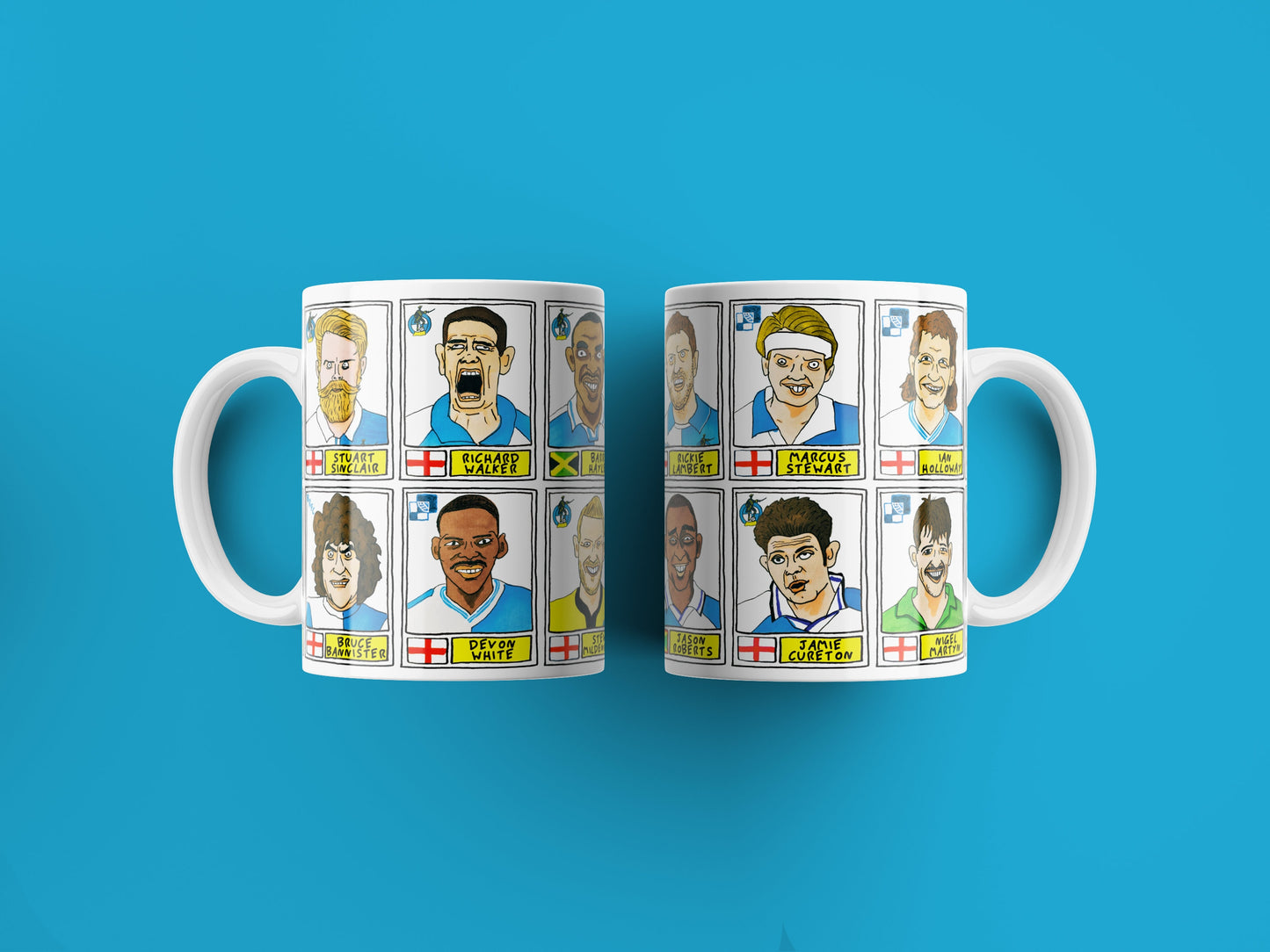 Bristol Rovers No Score Draws Mug Set - Set of TWO 11oz Ceramic Mugs with Wonky Panini sticker-style BRFC Gas No Score Draws Doodles