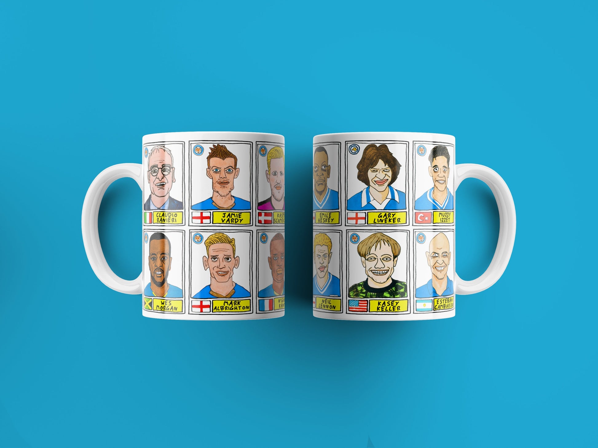 Leicester City No Score Draws Mug Set - Set of TWO 11oz Ceramic Mugs with Wonky Panini sticker-style No Score Draws Doodles of Foxes icons