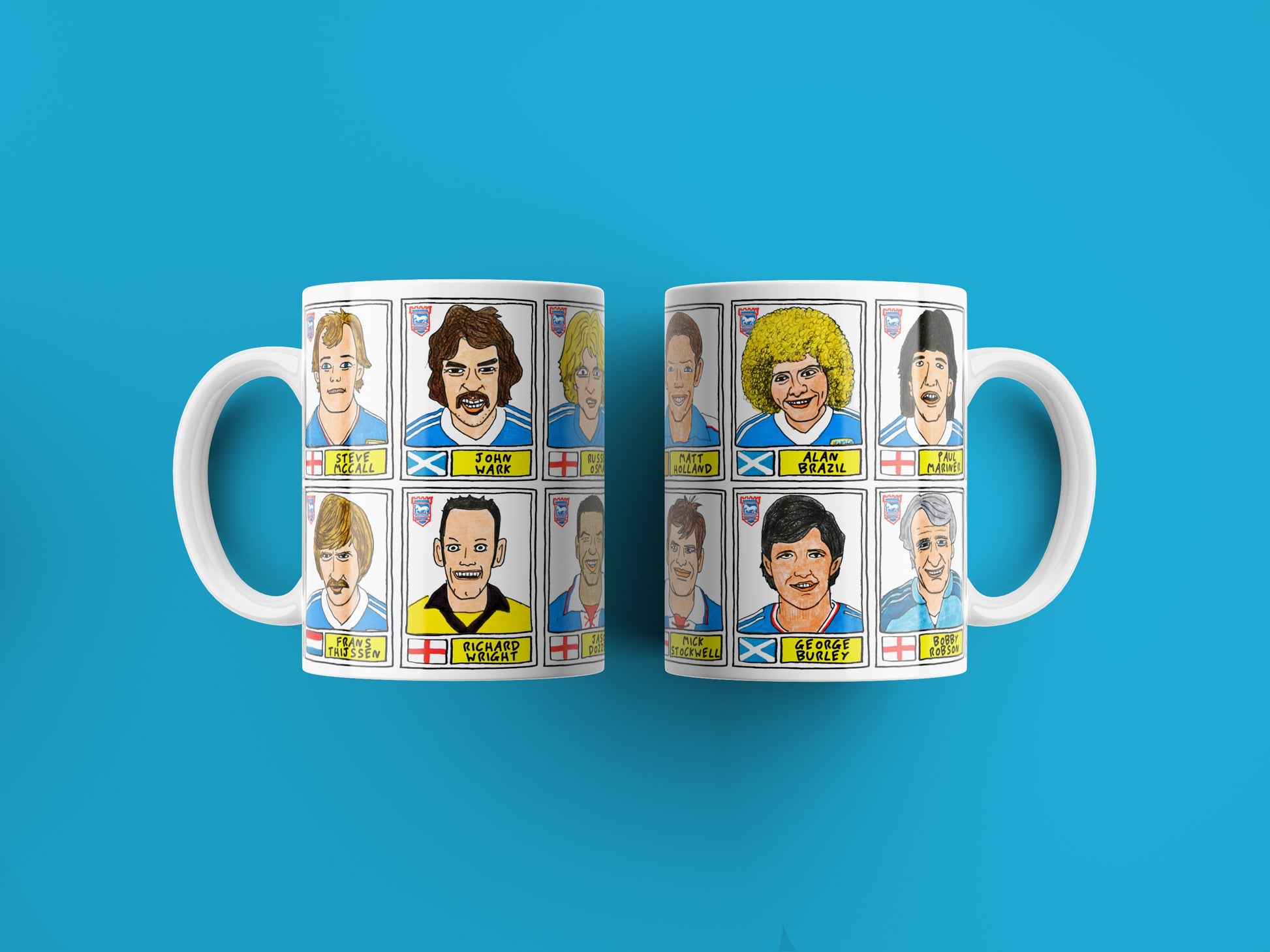 Ipswich Town Mug Set - Set of TWO 11oz Ceramic Mugs with Wonky Panini sticker-style No Score Draws Doodles of 24 ITFC Tractor Boys icons