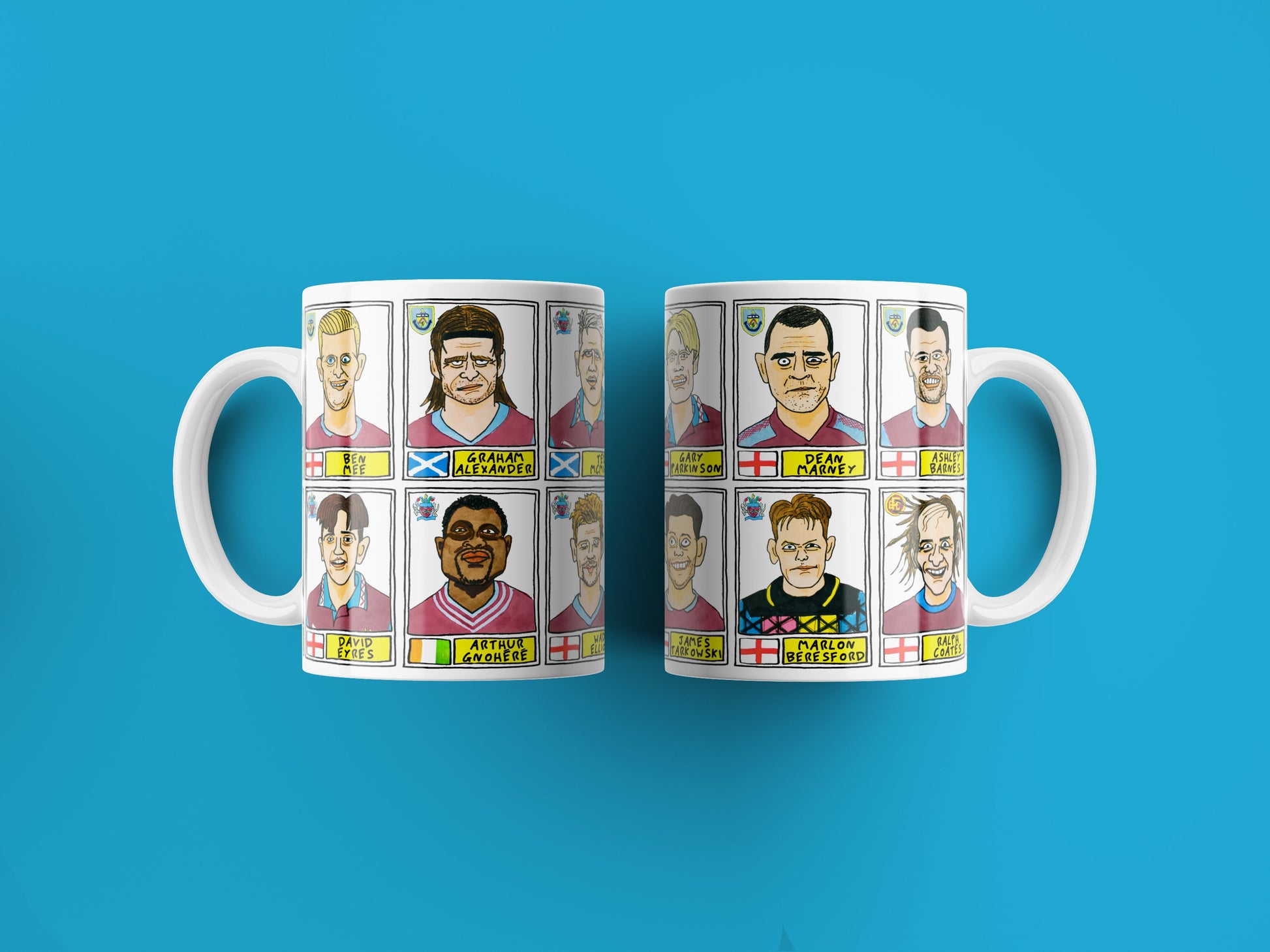 Burnley No Score Draws Mug Set - Set of TWO 11oz Ceramic Mugs with Wonky Panini sticker-style Clarets No Score Draws Doodles