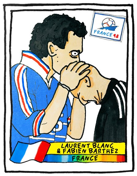 France '98 - No Score Draws France '98 Edition - A3 print of 36 hand-drawn Panini-style football sticker legends - Cheapskate football art