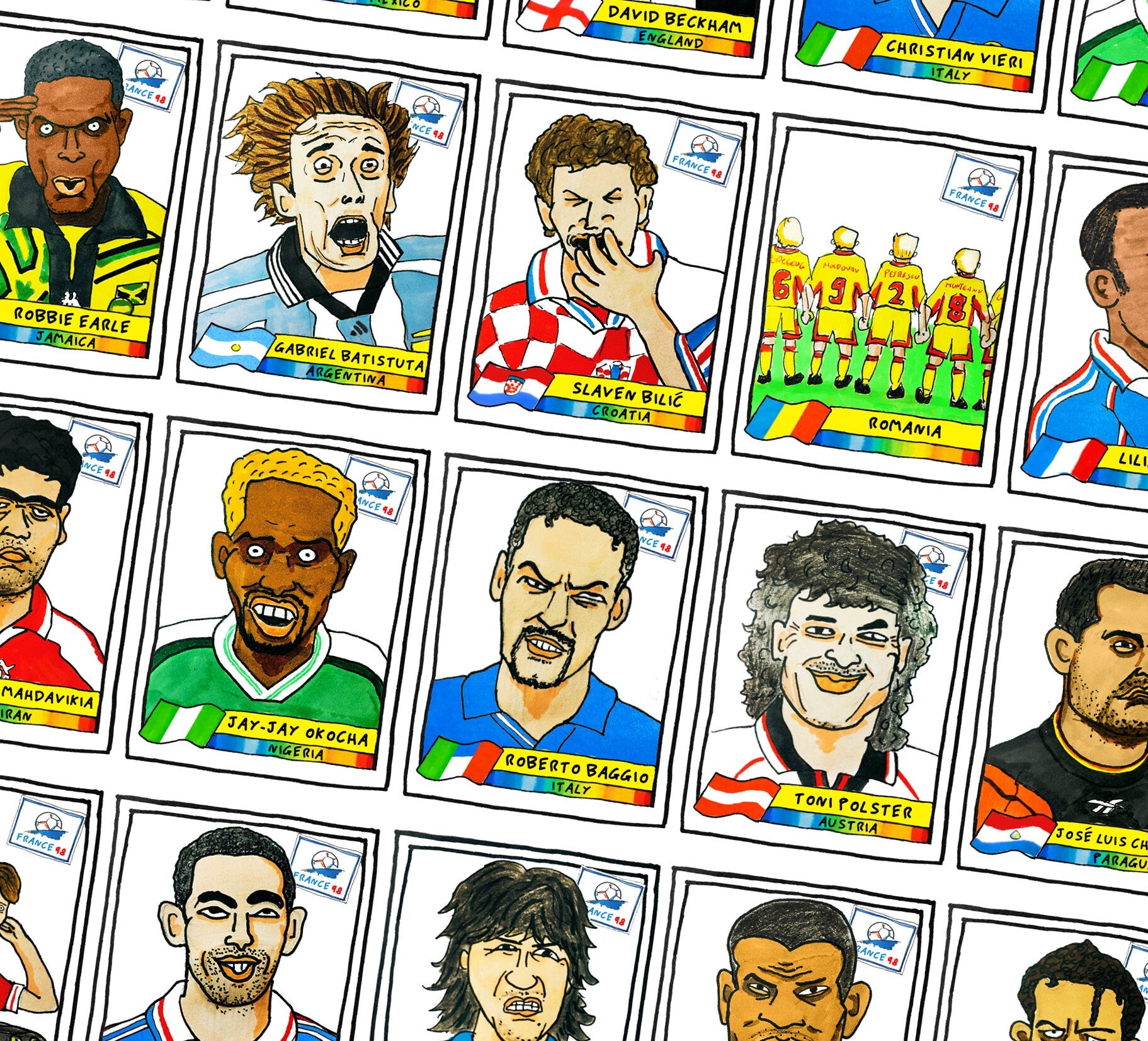 France '98 - No Score Draws France '98 Edition - A3 print of 36 hand-drawn Panini-style football sticker legends - Cheapskate football art