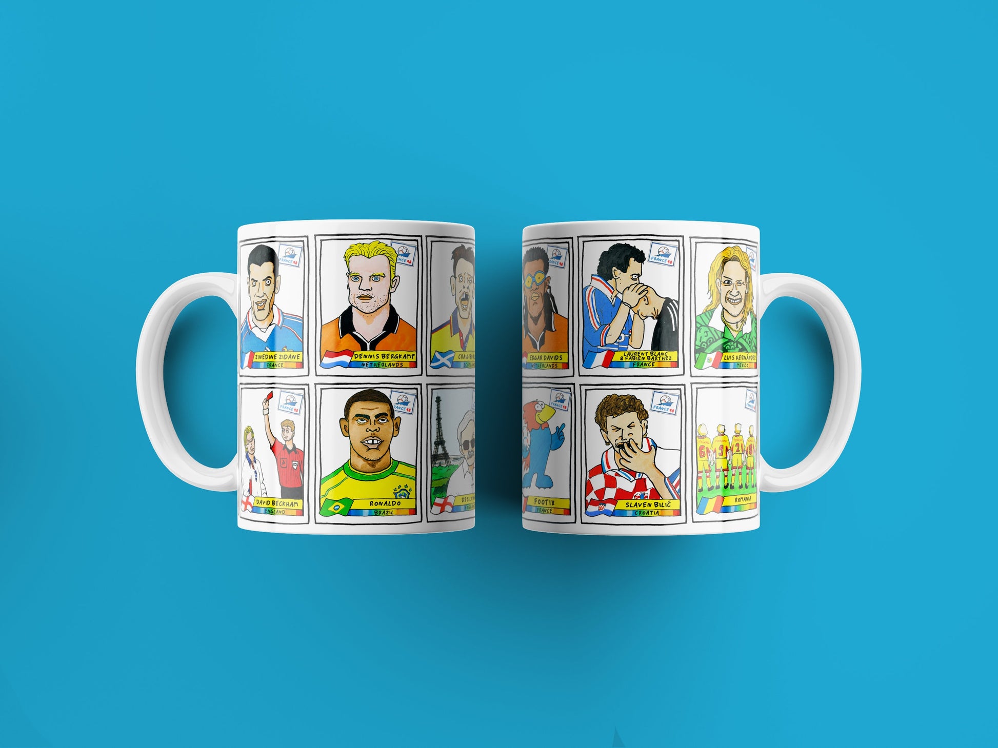 France '98 No Score Draws Mug Set - Set of TWO 11oz Ceramic Mugs with Wonky Panini sticker-style World Cup France '98 No Score Draws Doodles