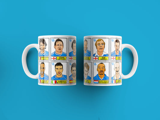 Chelsea No Score Draws Mug Set - Set of TWO 11oz Ceramic Mugs with Wonky Panini sticker-style No Score Draws Doodles of Chelsea icons