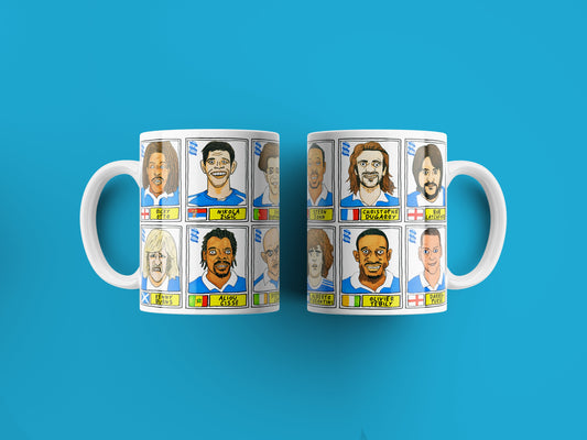 Birmingham City - Set of TWO 11oz Ceramic Mugs with Wonky Panini sticker-style No Score Draws Doodles of 24 BCFC Blues icons