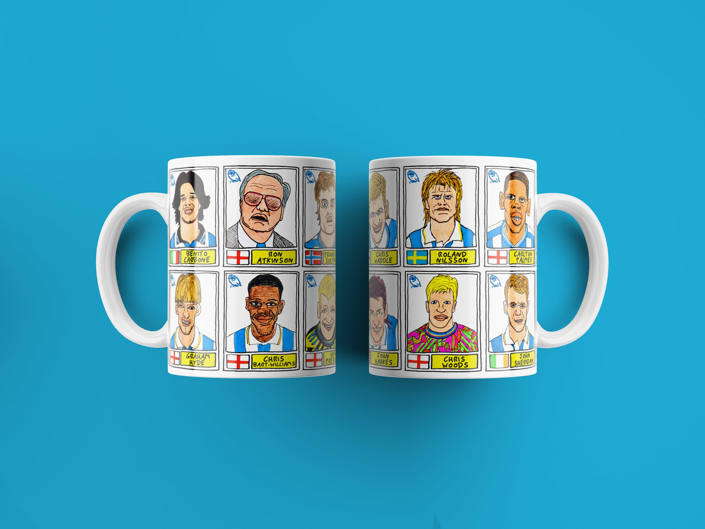 Sheffield Wednesday - Set of TWO 11oz Ceramic Mugs with Wonky Panini sticker-style No Score Draws Doodles of 24 Owls icons - SWFC