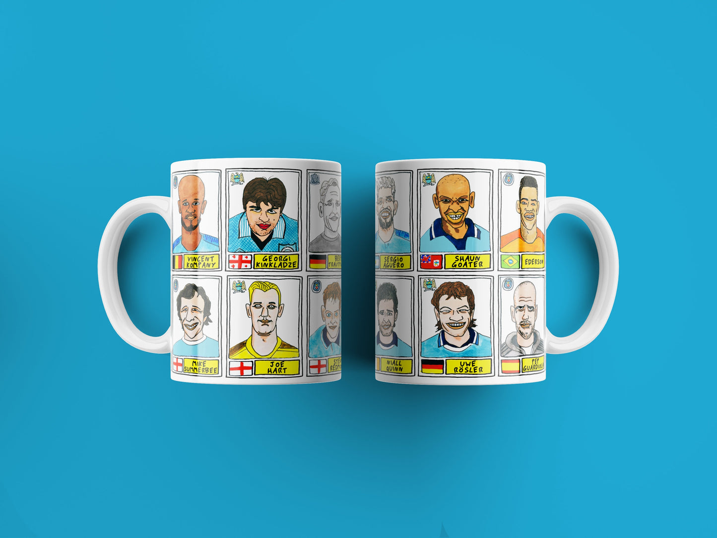 Man City No Score Draws Mug Set - Set of TWO 11oz Ceramic Mugs with Wonky Panini sticker-style MCFC Manchester City No Score Draws Doodles