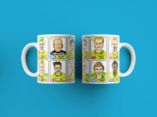 Norwich City Vol 1 No Score Draws Mug Set - Set of TWO 11oz Ceramic Mugs with Wonky Panini-style No Score Draws Doodles of 24 Canaries icons