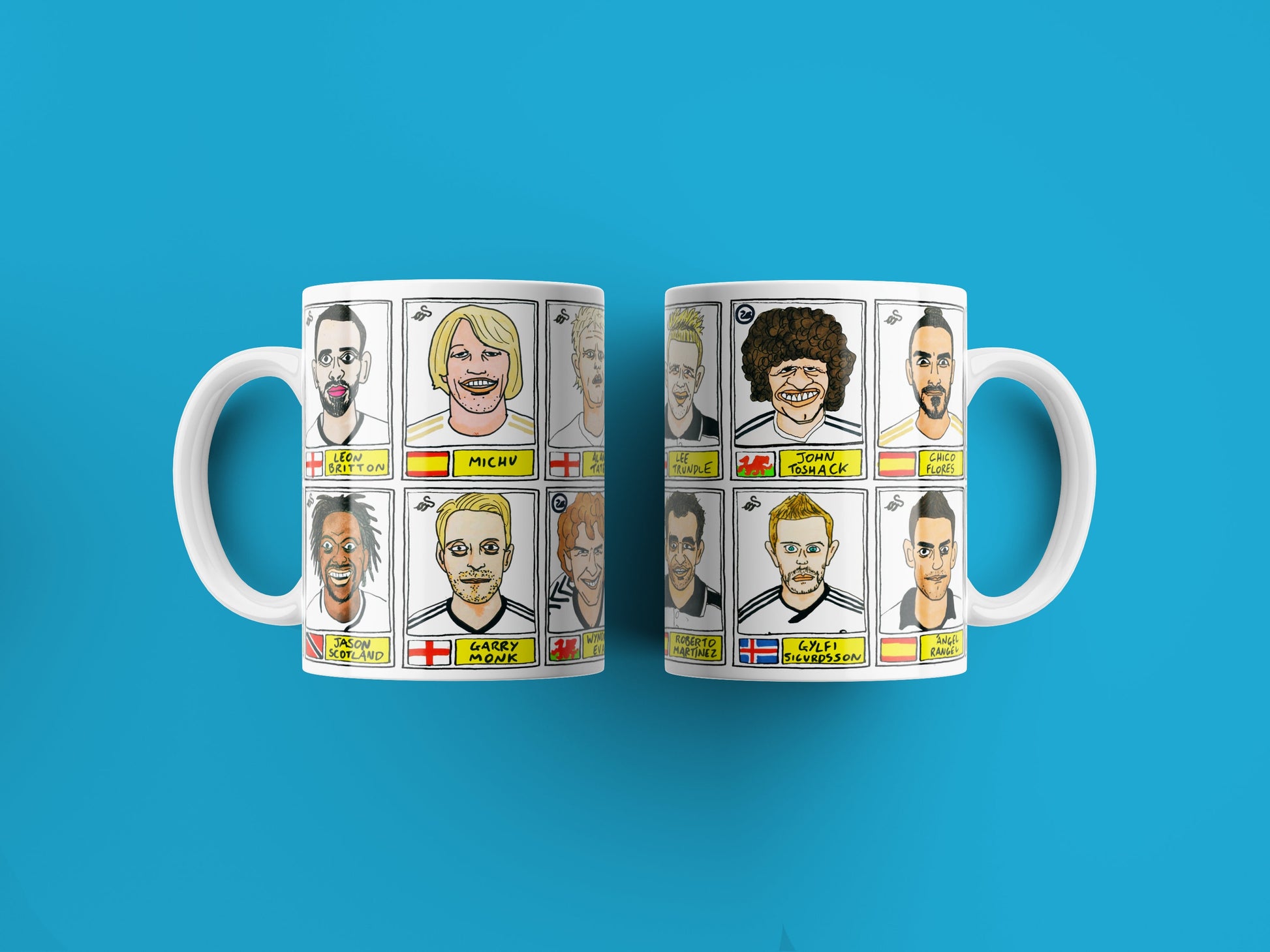 Swansea City No Score Draws Mug Set - Set of TWO 11oz Ceramic Mugs with Wonky Panini sticker-style No Score Draws Doodles of 24 Swans icons